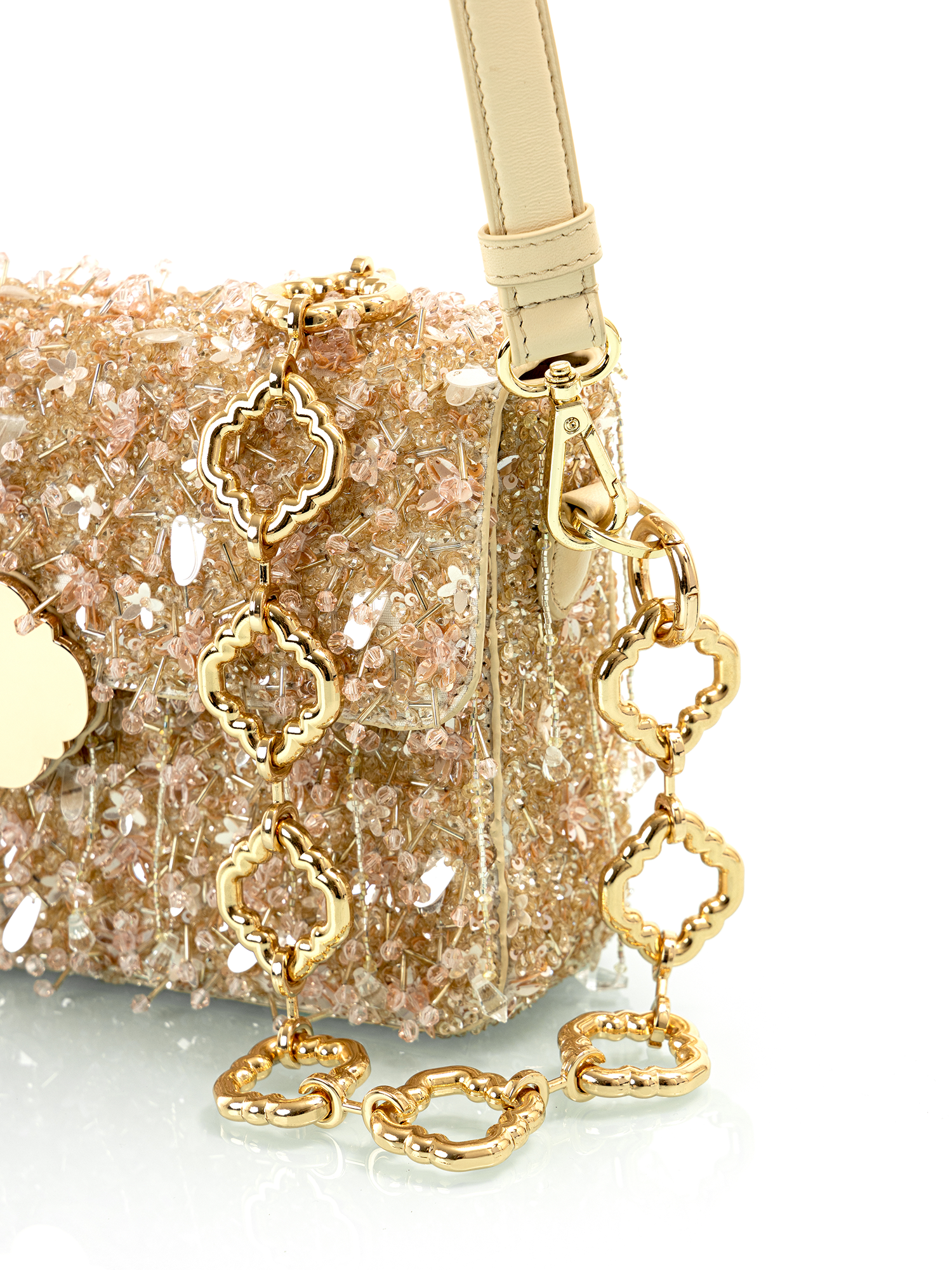 Champagne beaded embroidered leather party bag designed for weddings and evening outings
