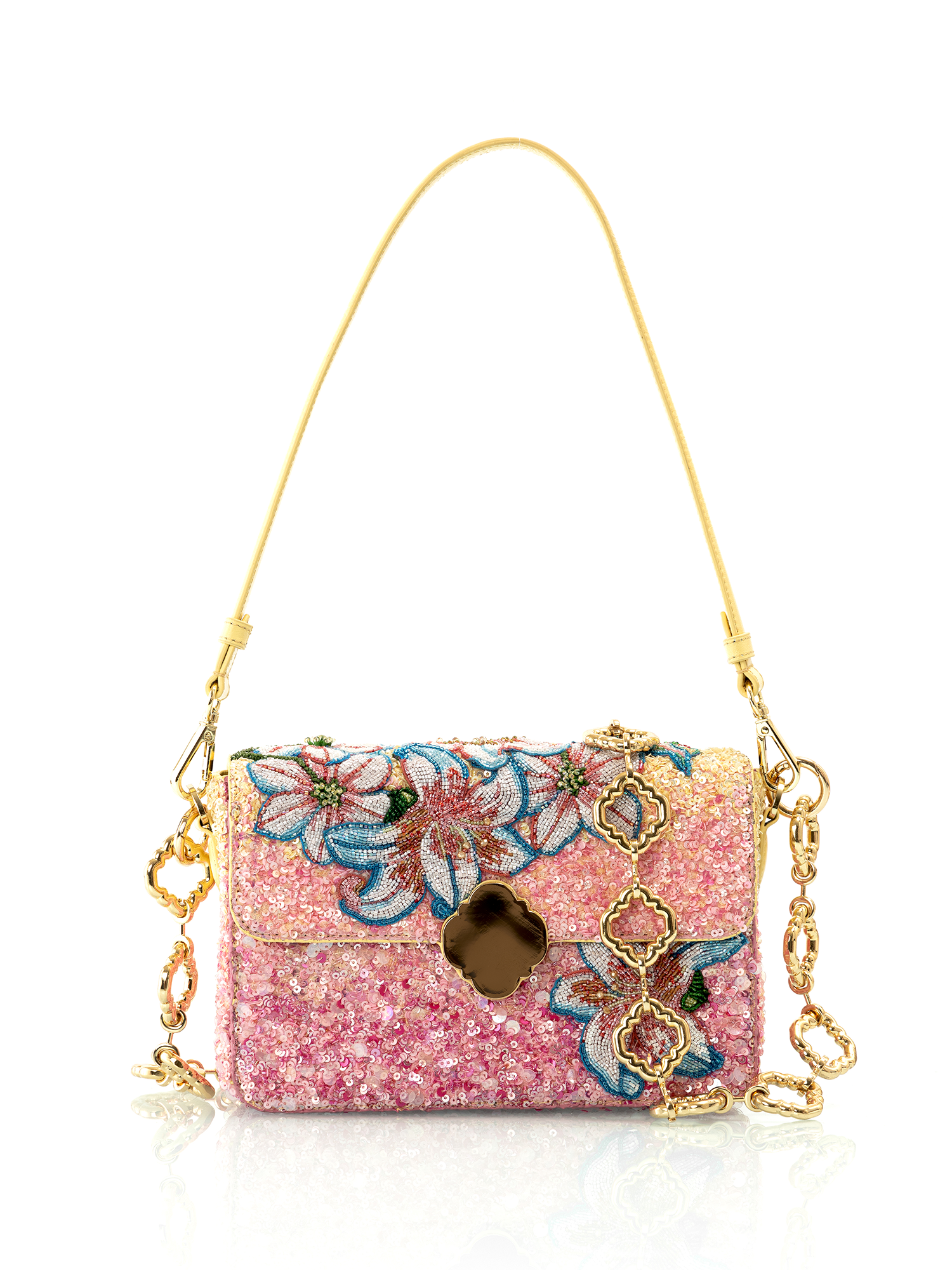 Luxury embroidered leather shoulder bag styled as a refined party and evening accessory
