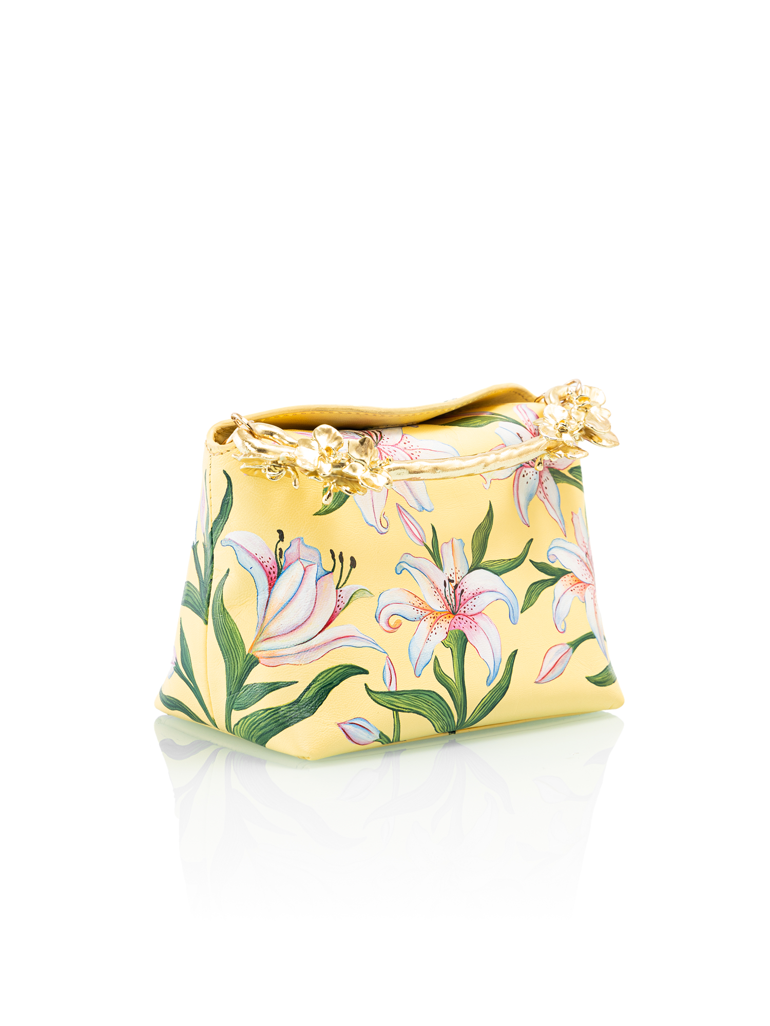 Butter yellow printed leather bag designed as a premium luxury floral accessory for summer outings
