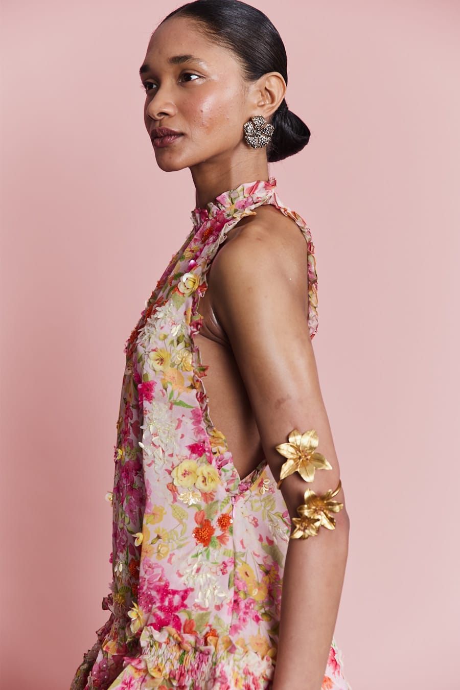 High-fashion garden party top, luxury ruffled floral printed blouse for romantic summer wear