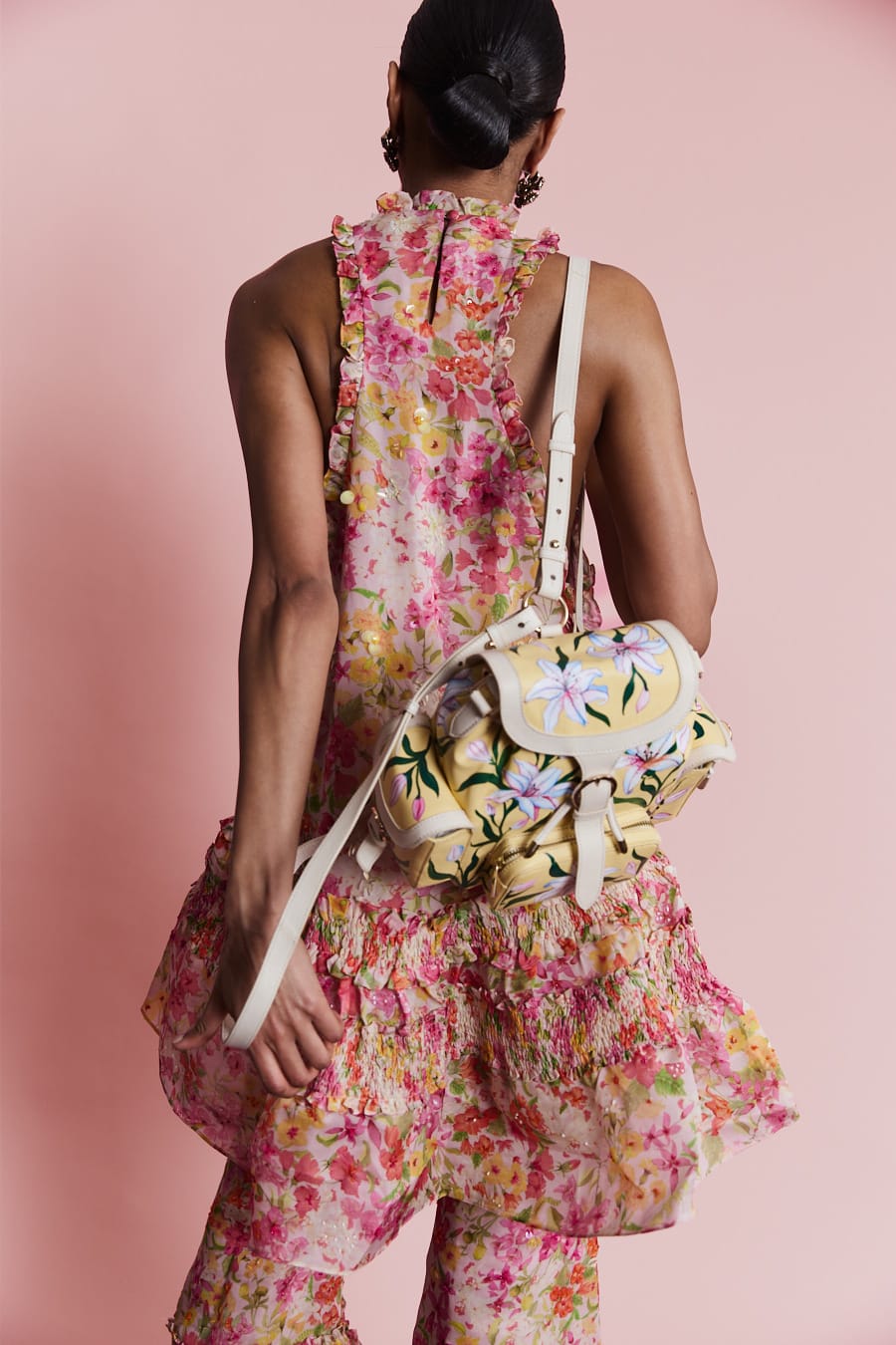 Designer floral halter blouse, artisanal tiered fashion with sophisticated resort separate styling