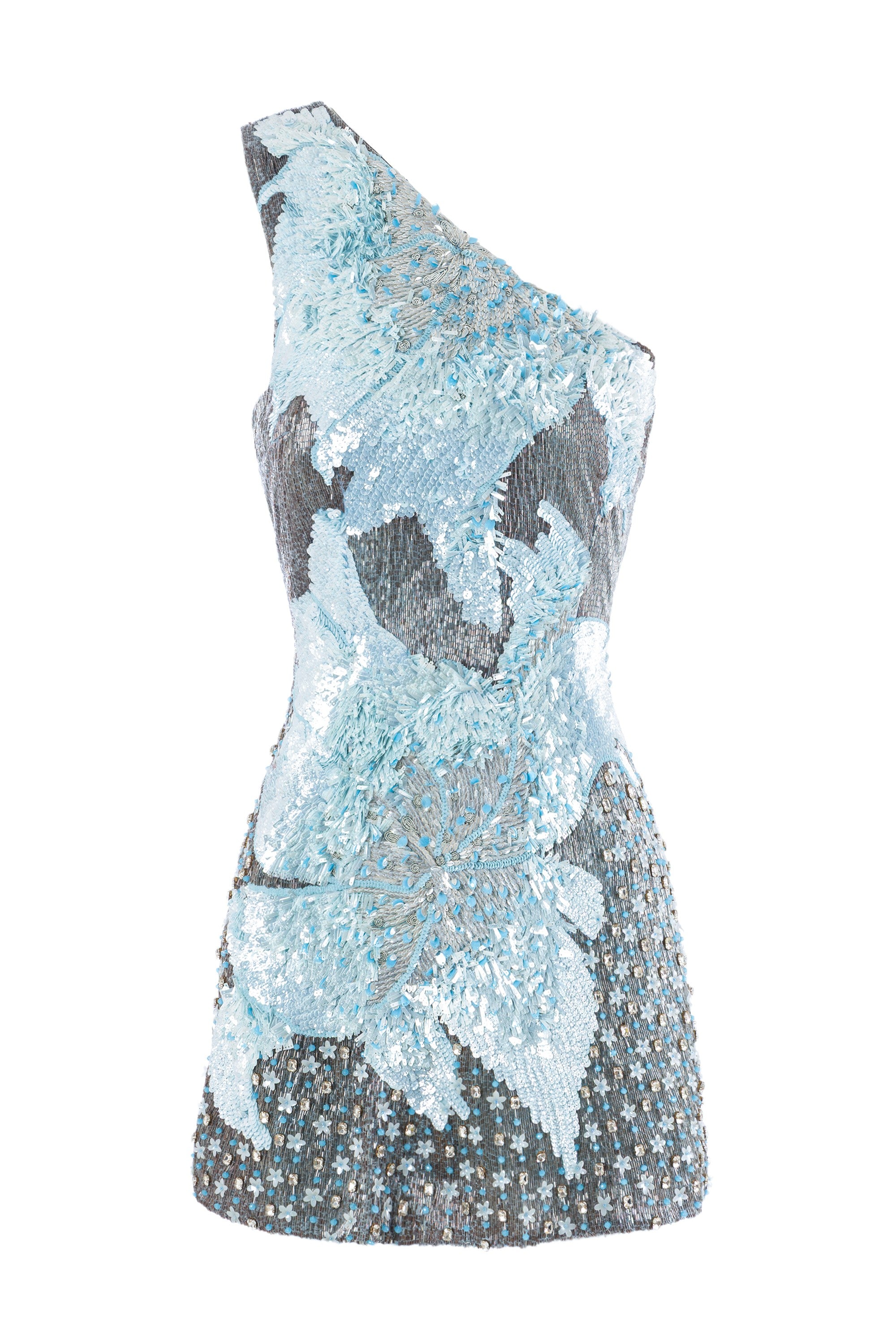 Designer pre-fall blue one-shoulder mini – luxury sequin embellished tulle statement cocktail dress for party occasion wear