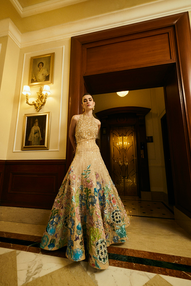 Bridesmaid gown and wedding guest gown styled as a luxury evening gown