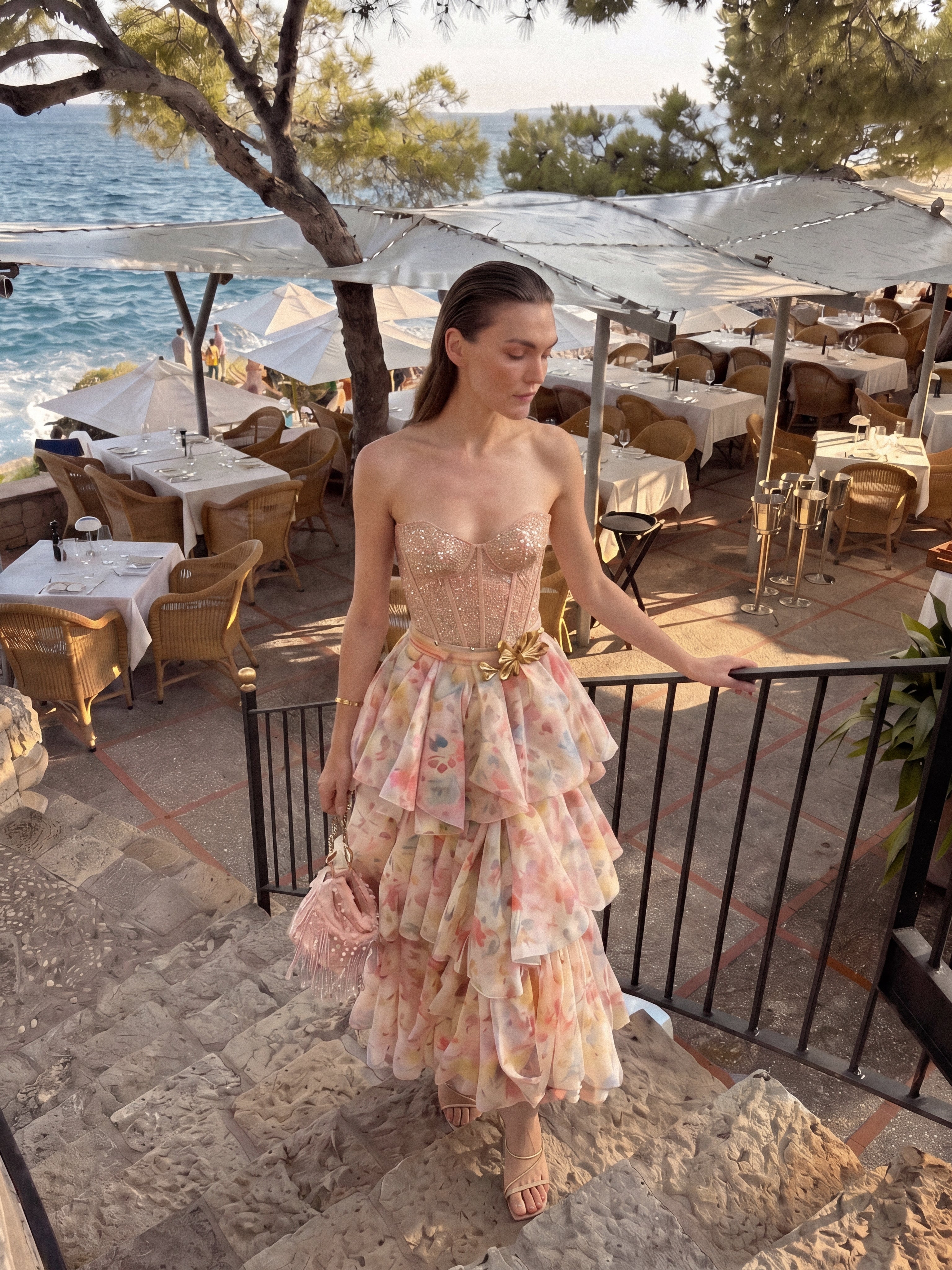 Woman in a floral dress standing in an outdoor restaurant setting with ocean view.