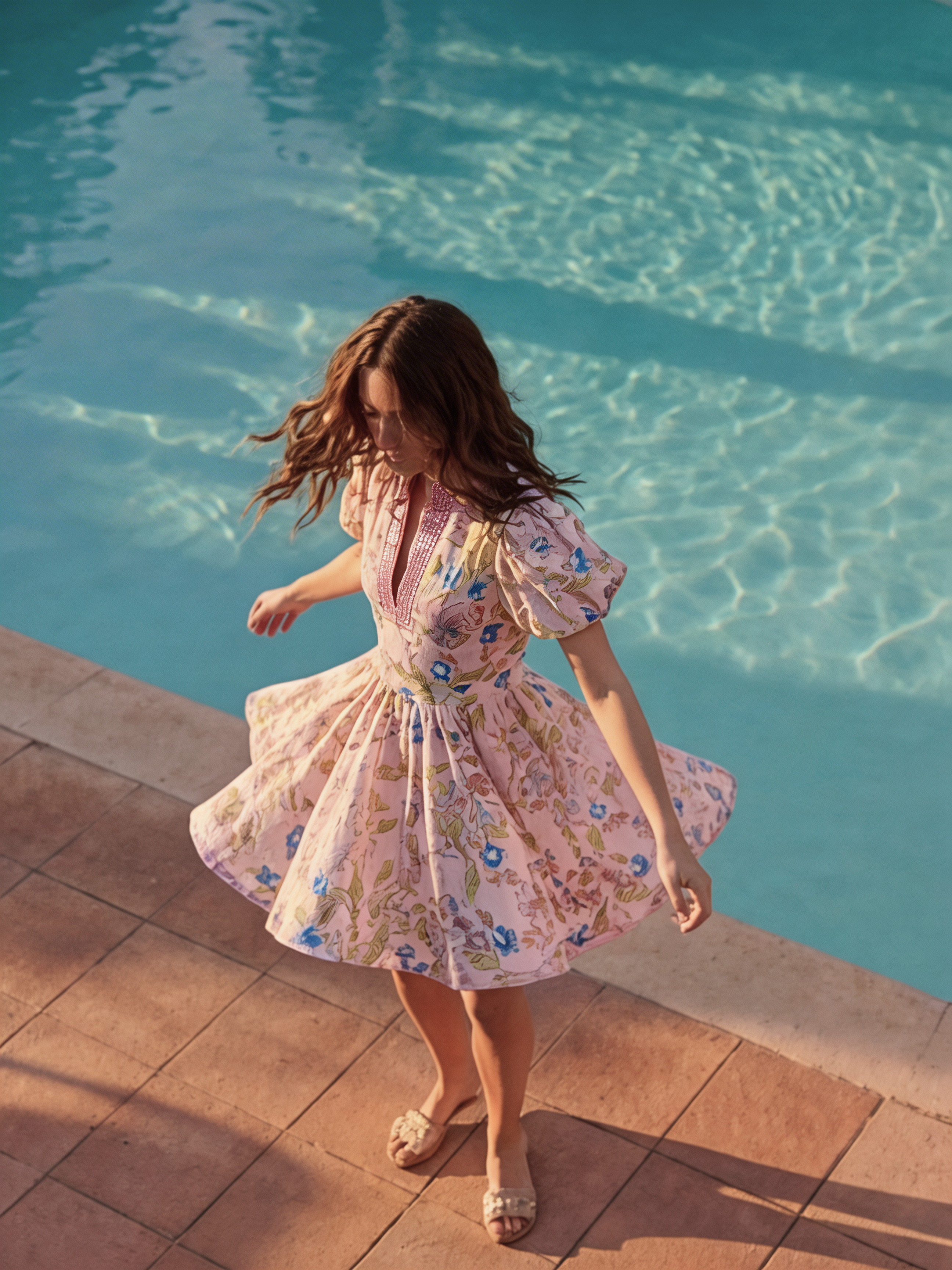 Woman in a floral dress standing by a pool
