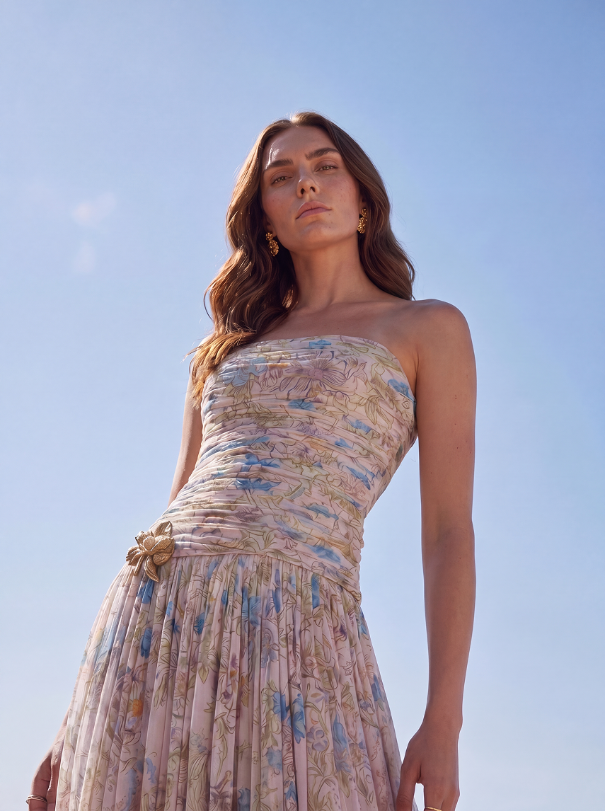 Woman wearing a strapless floral dress against a clear blue sky