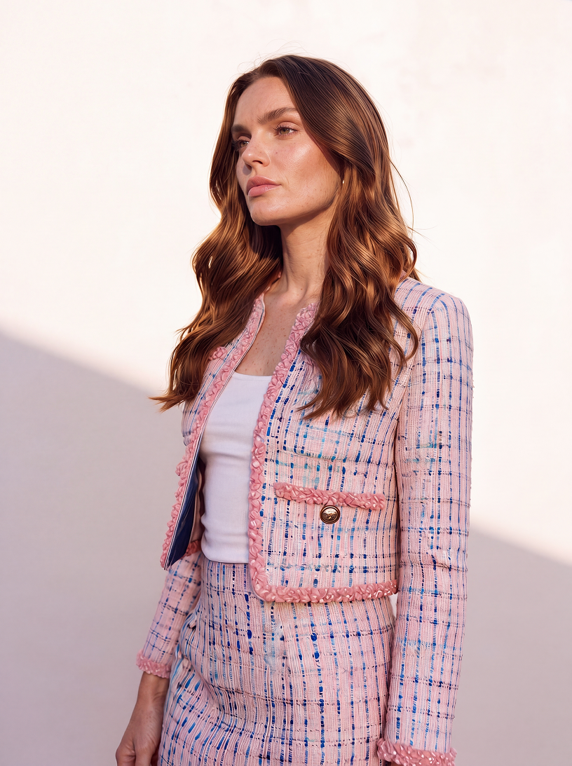 Woman wearing a pink tweed suit with a white top against a light background