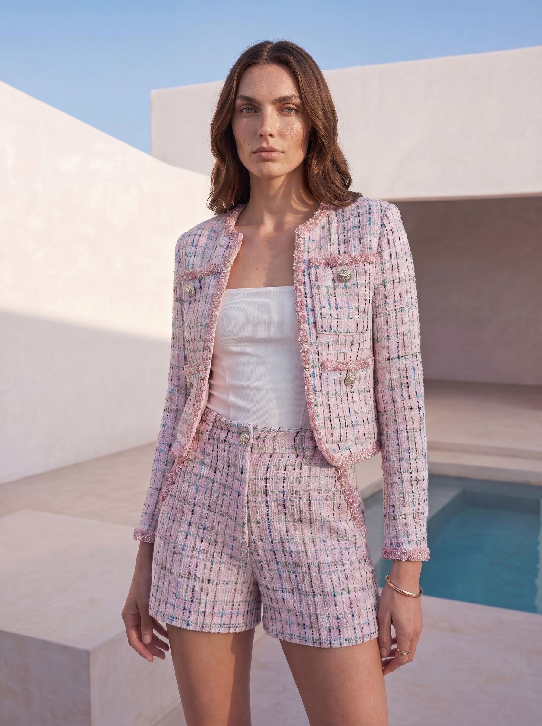 Woman wearing a pink checkered outfit standing by a pool with a white architectural structure in the background.