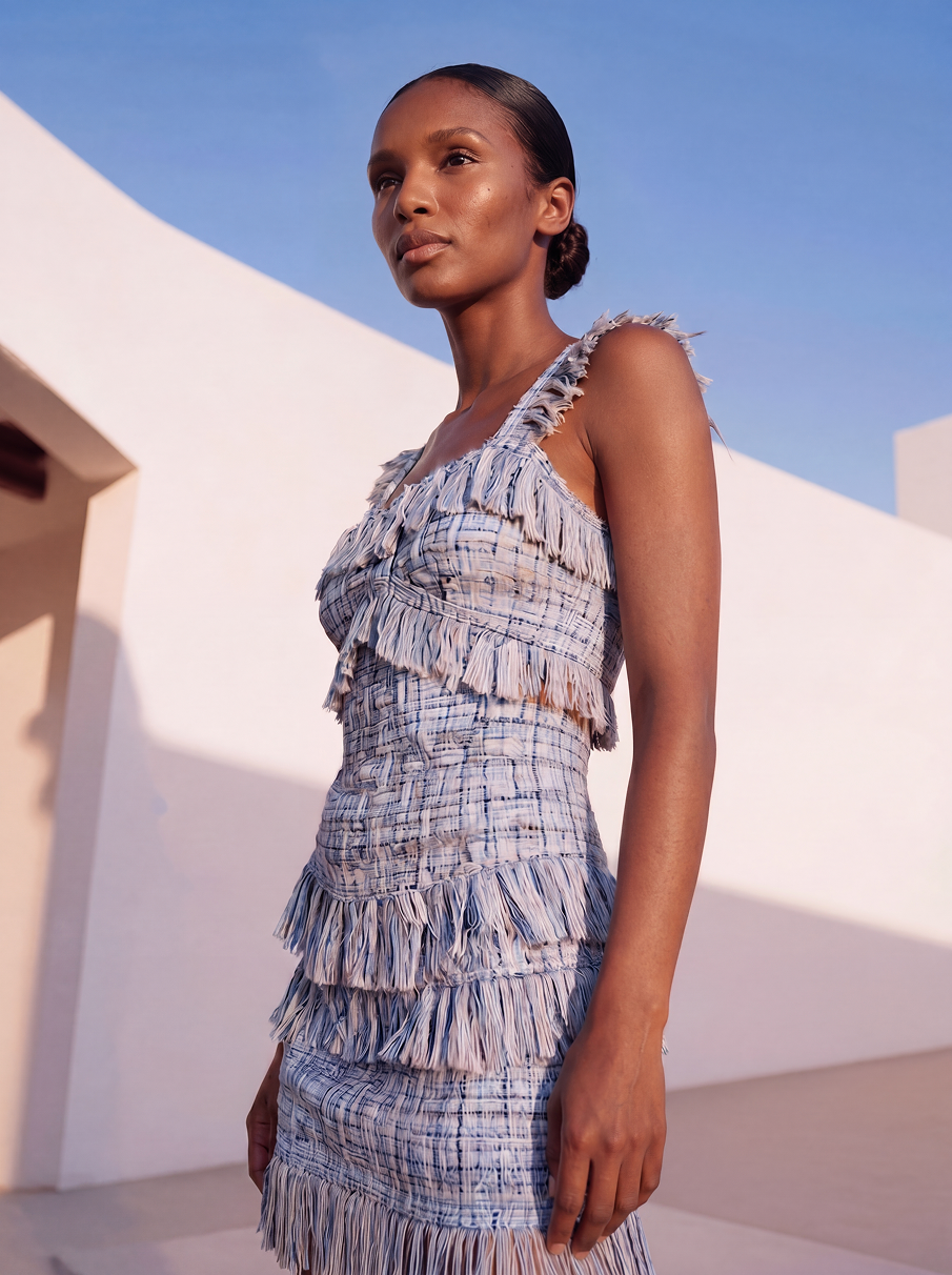 Woman wearing a blue and white checkered dress with ruffled details against a white architectural background.