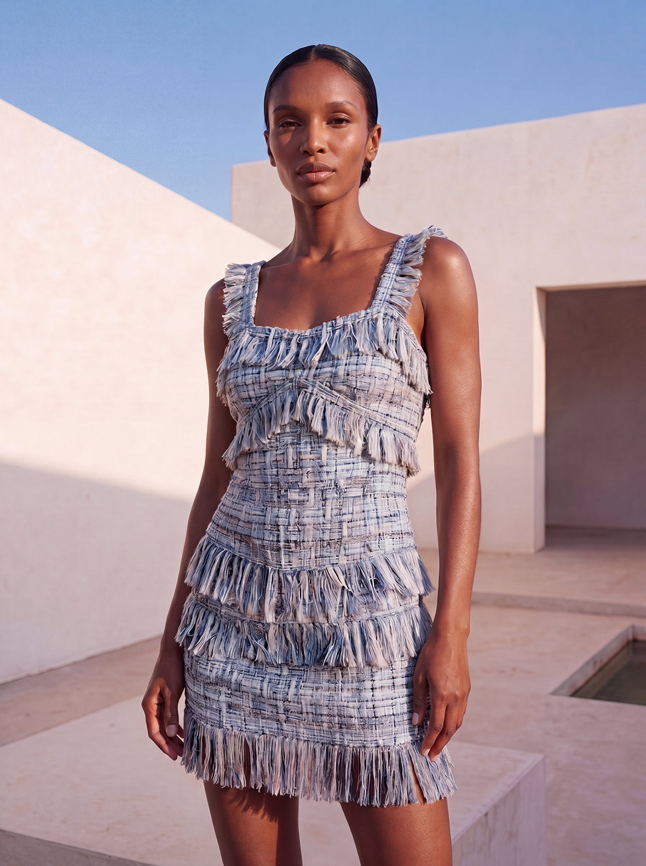 Woman wearing a blue and white checkered dress with ruffles in an outdoor setting.