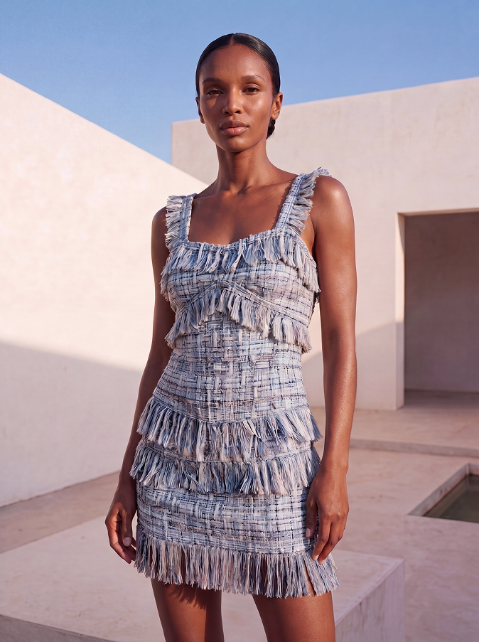 Woman wearing a blue and white checkered dress with ruffles in an outdoor setting.