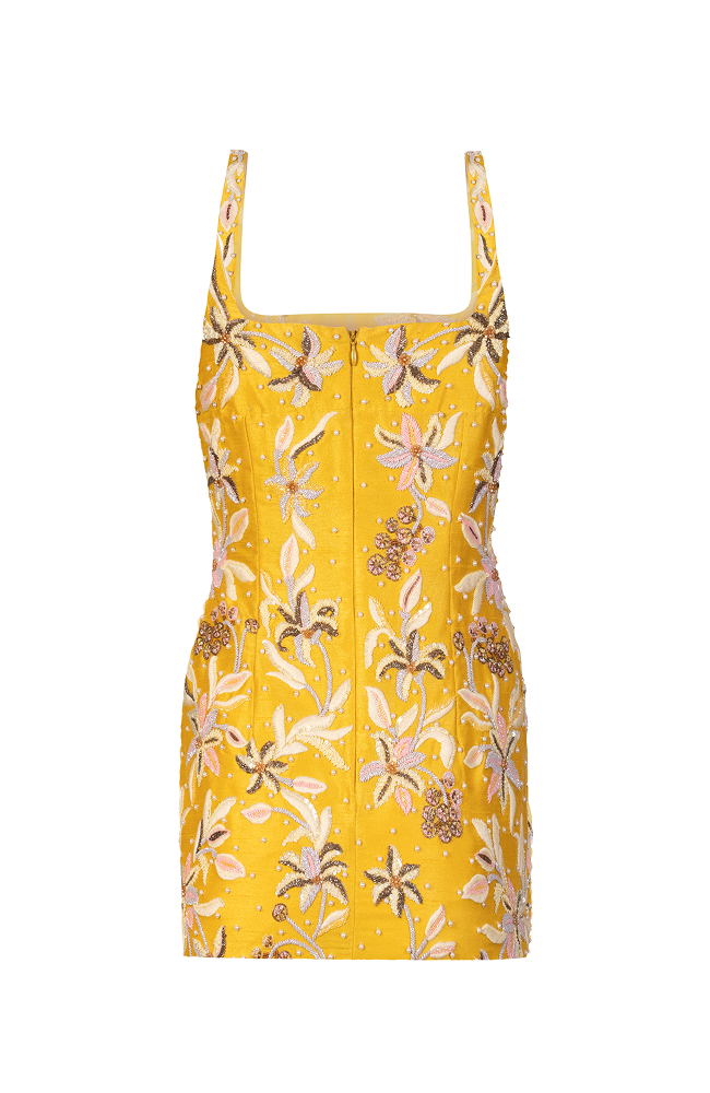 Destination party outfit featuring a scoop neck mini dress silhouette
