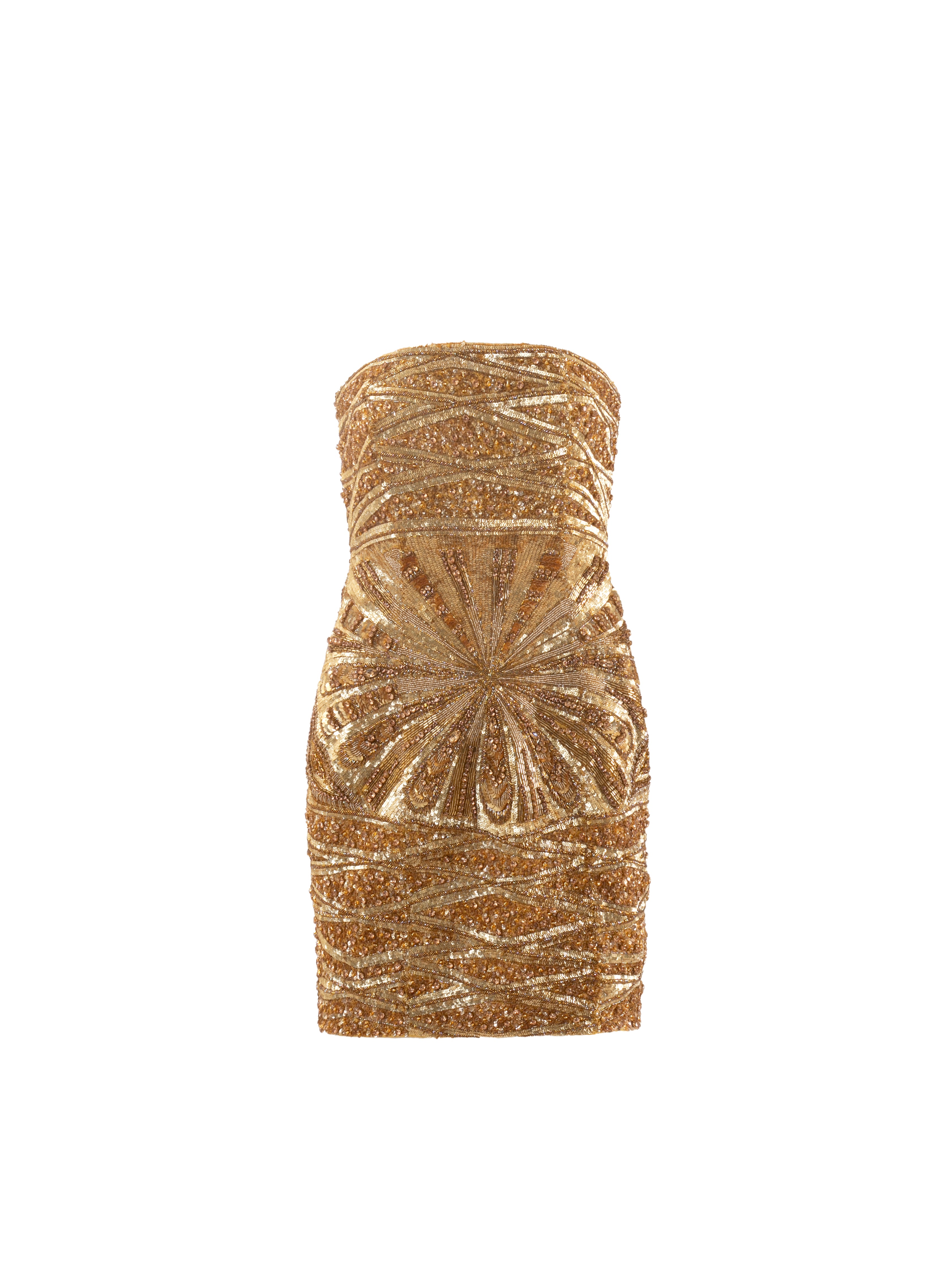 A strapless, ruched mini dress covered in shimmering gold sequins with a starburst pattern on the front, shown against a plain white background.