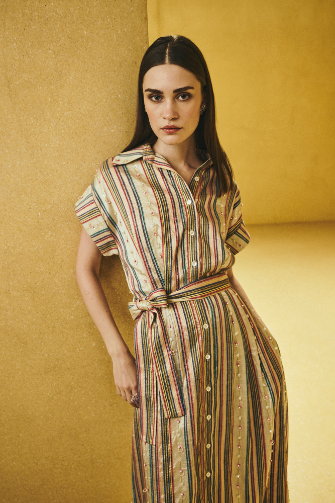 Summer event dress created as a sleeveless shirt dress for brunch parties and daytime occasions