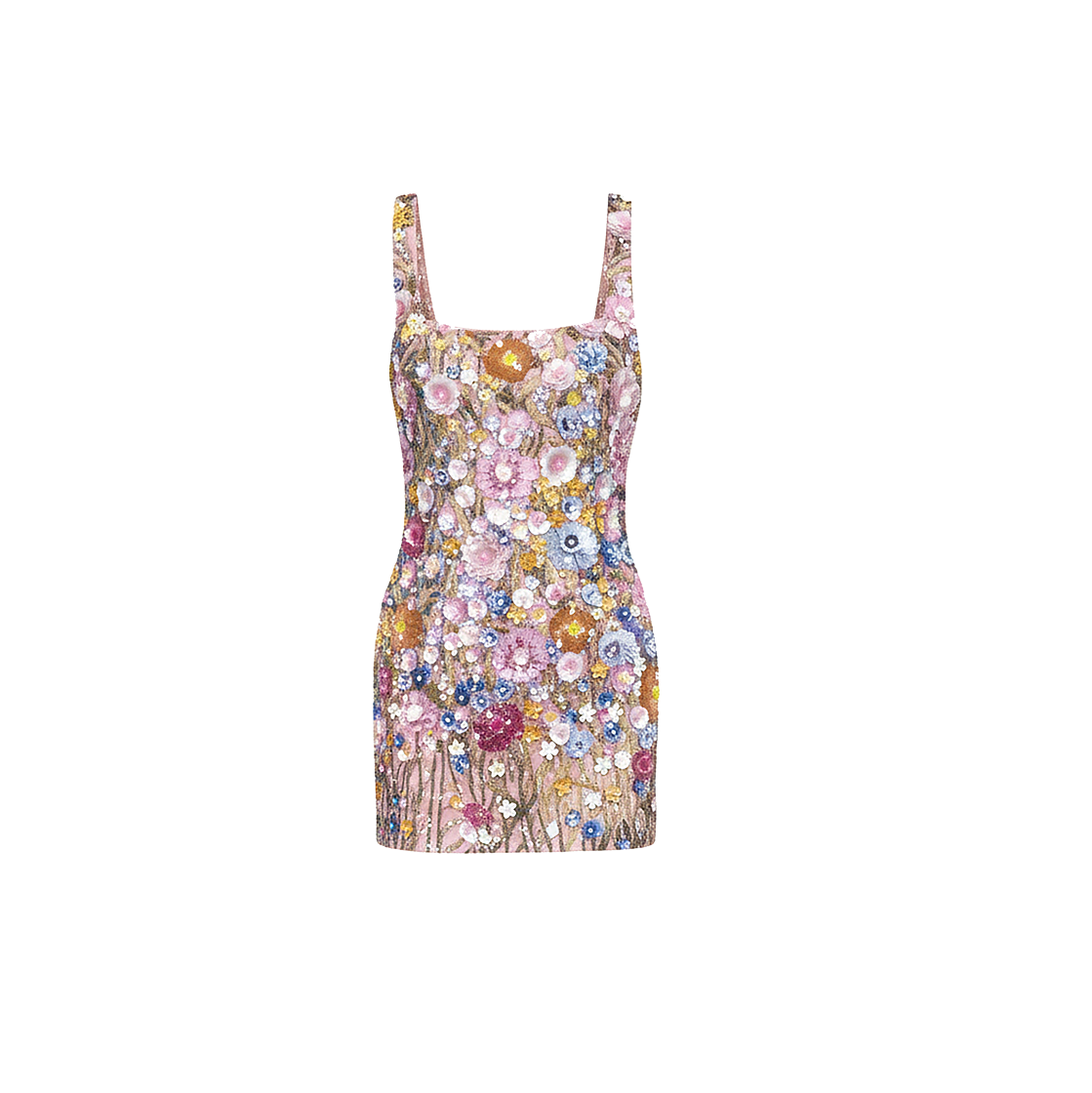 A sleeveless mini dress with a square neckline and thin shoulder straps, covered in dense multicolor floral embroidery on a light pink base, shown against a plain white background.