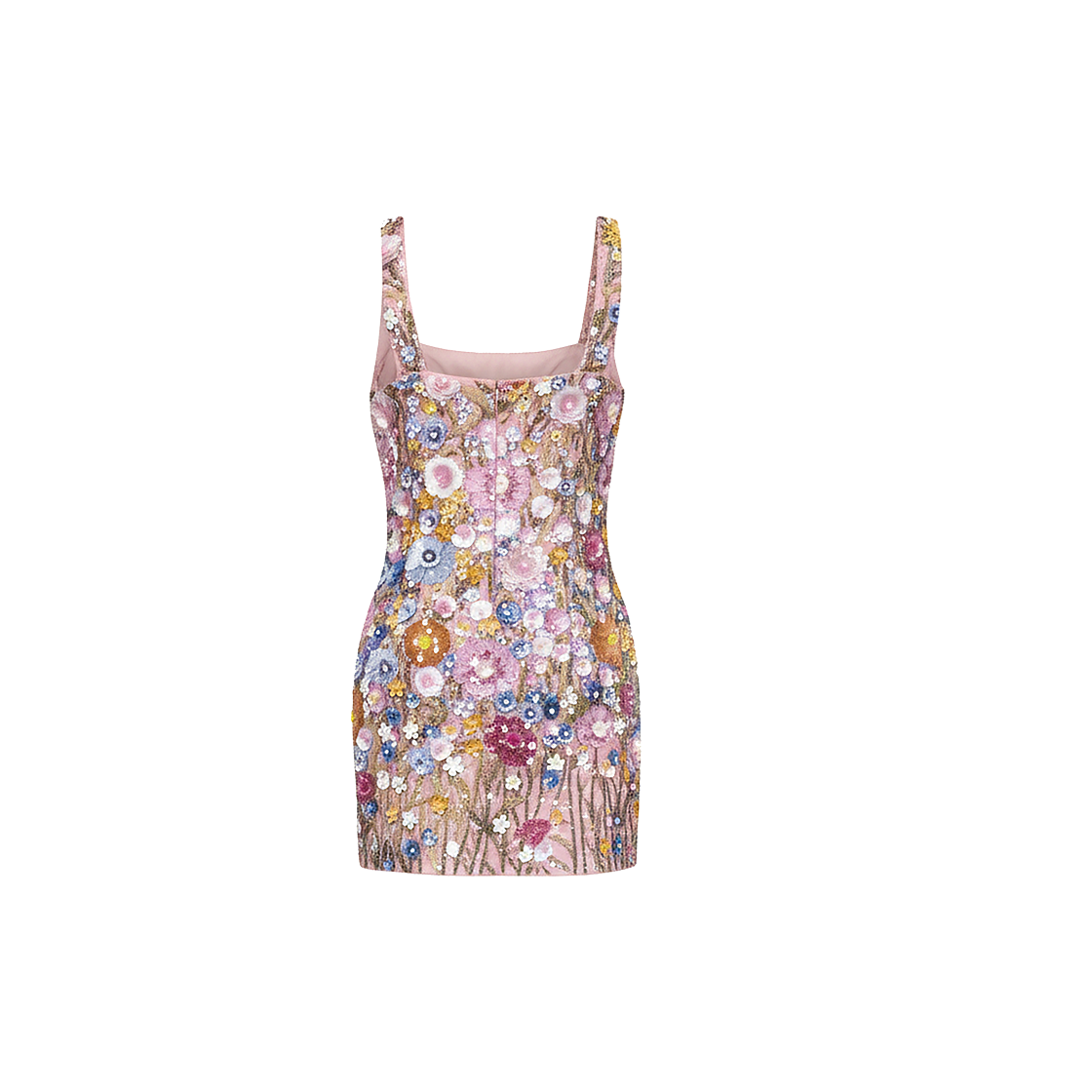 A sleeveless mini dress with a square neckline and thin straps, covered in dense multicolor floral embroidery on a dusty pink base, shown against a plain white background.