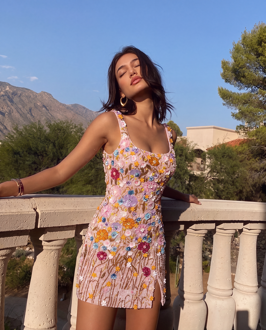 A woman wearing a pink floral embellished mini dress leans against a stone balcony railing with mountains and trees in the background.