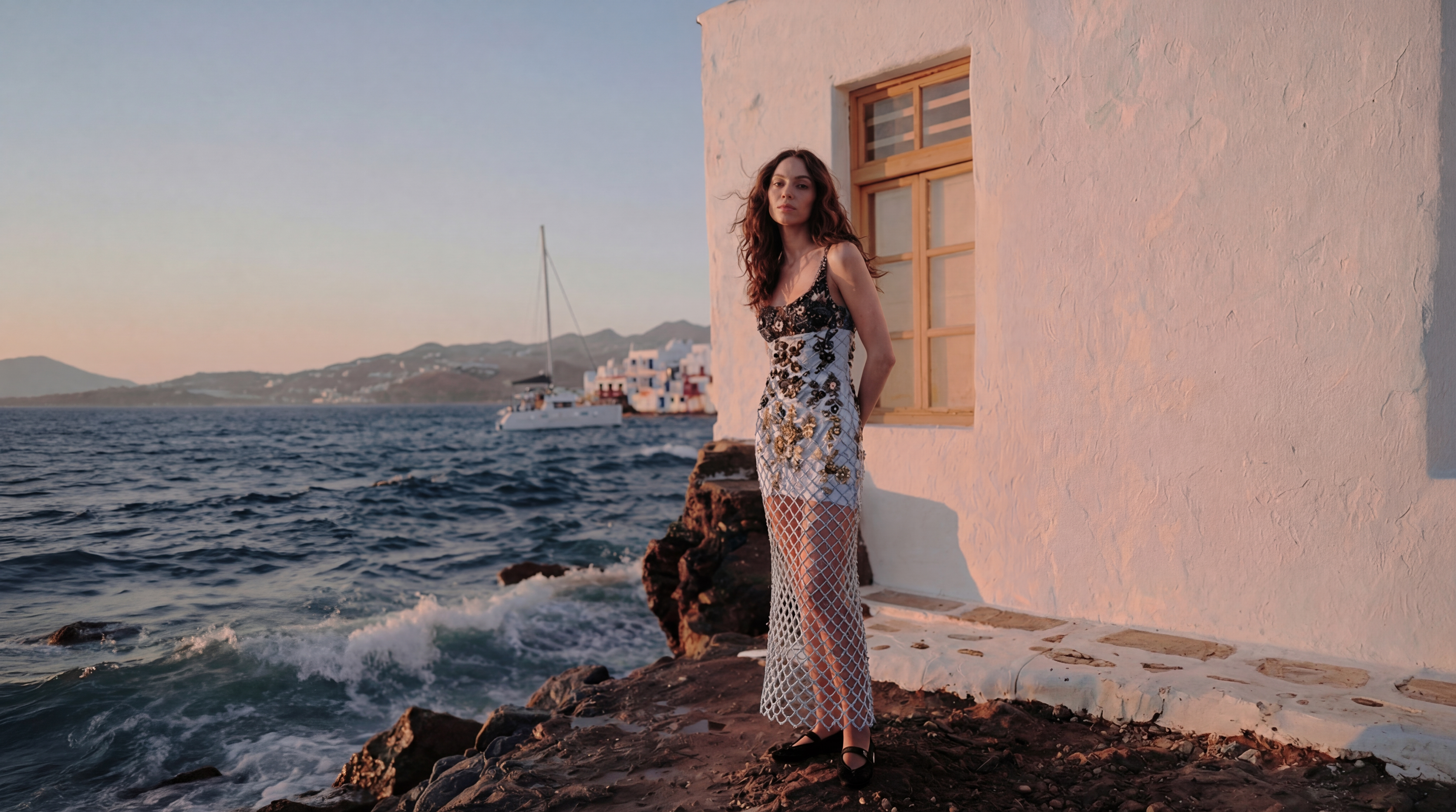 Woman in a floral dress standing by a white building near the ocean.