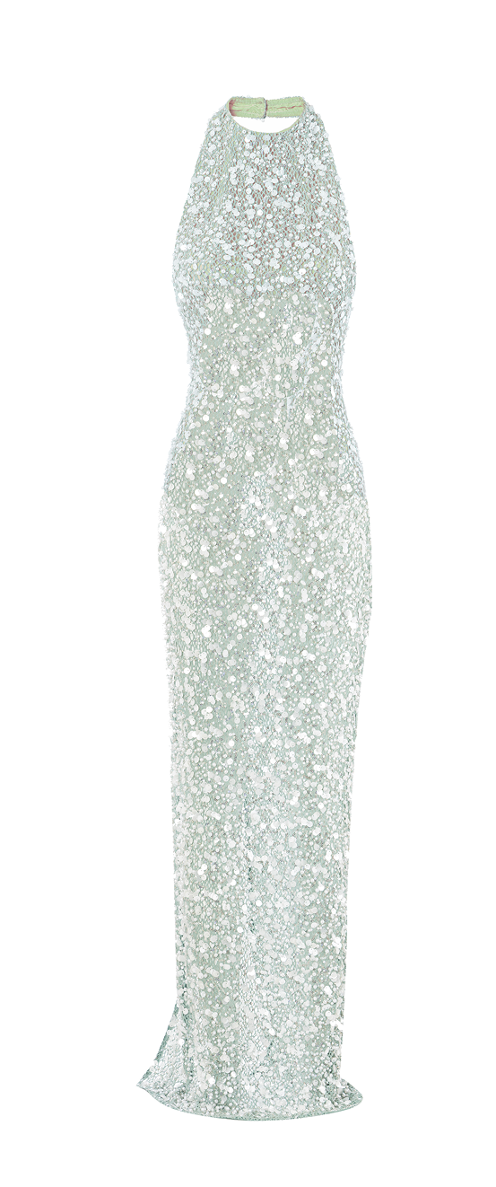 A floor-length halter gown covered in shimmering sequins, shown against a plain white background.