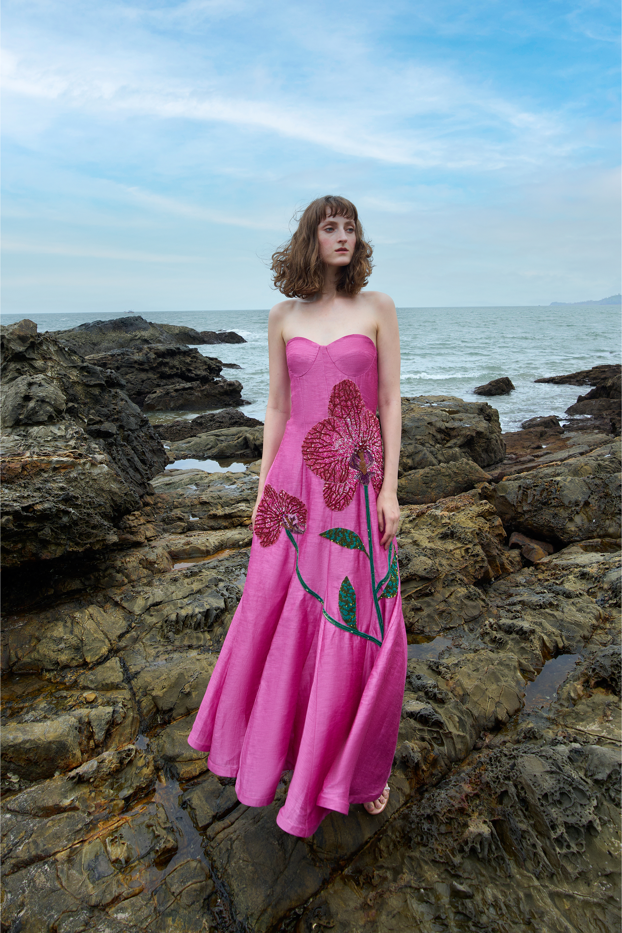 Orchid Print Embroidered Gown