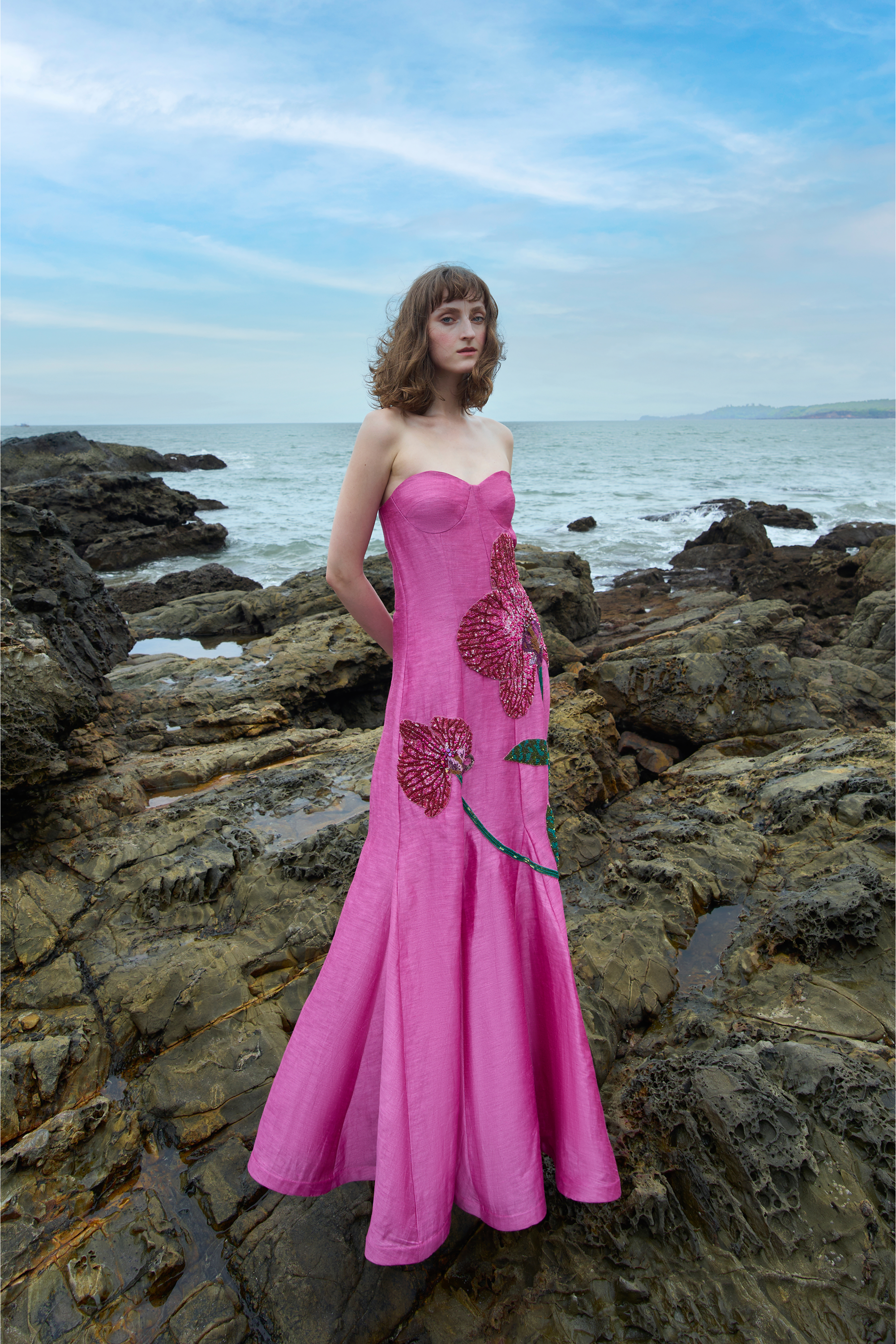 Orchid Print Embroidered Gown