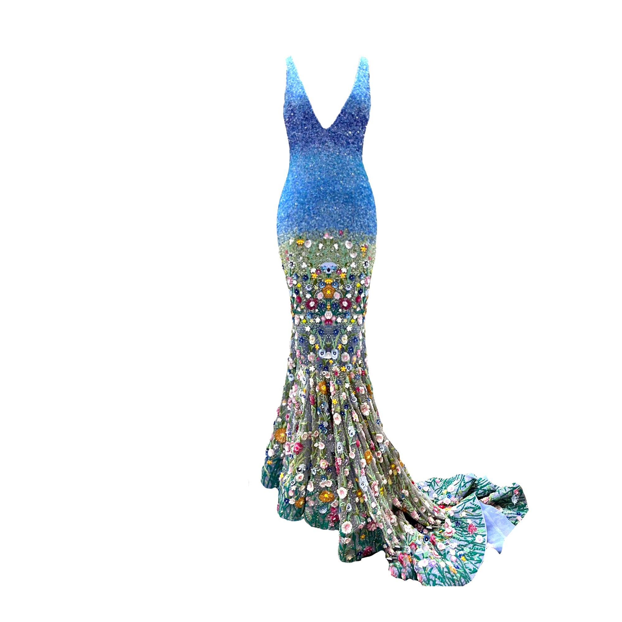 Mermaid-style dress with blue top and colorful floral skirt on a white background