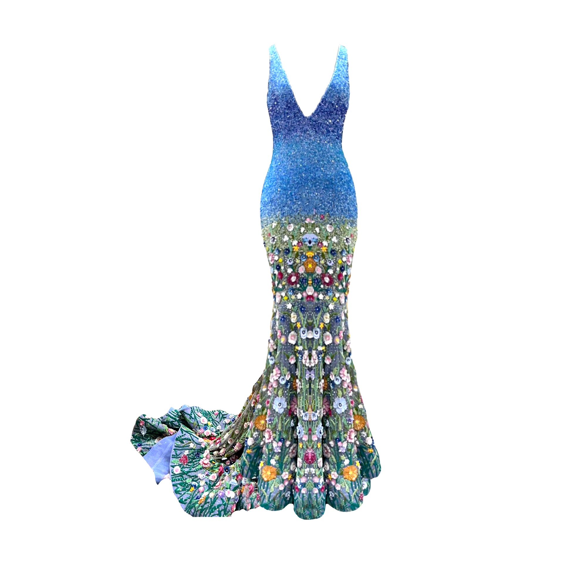 Mermaid-style dress with blue top and colorful floral pattern on a white background