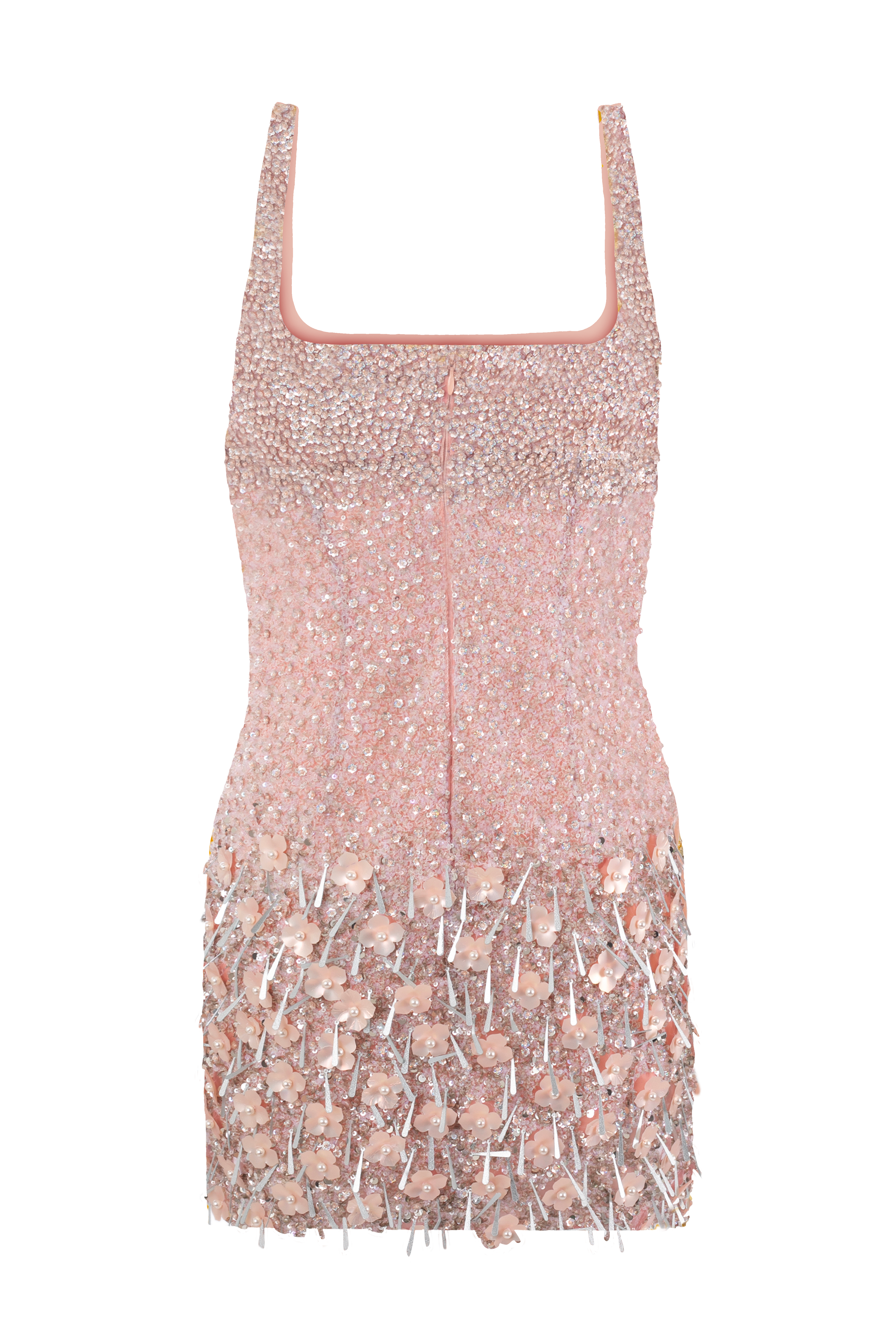 A sleeveless, scoop-neck mini dress covered in dense pink and silver beadwork, with a cascading floral applique pattern along the hem, shown against a plain white background.