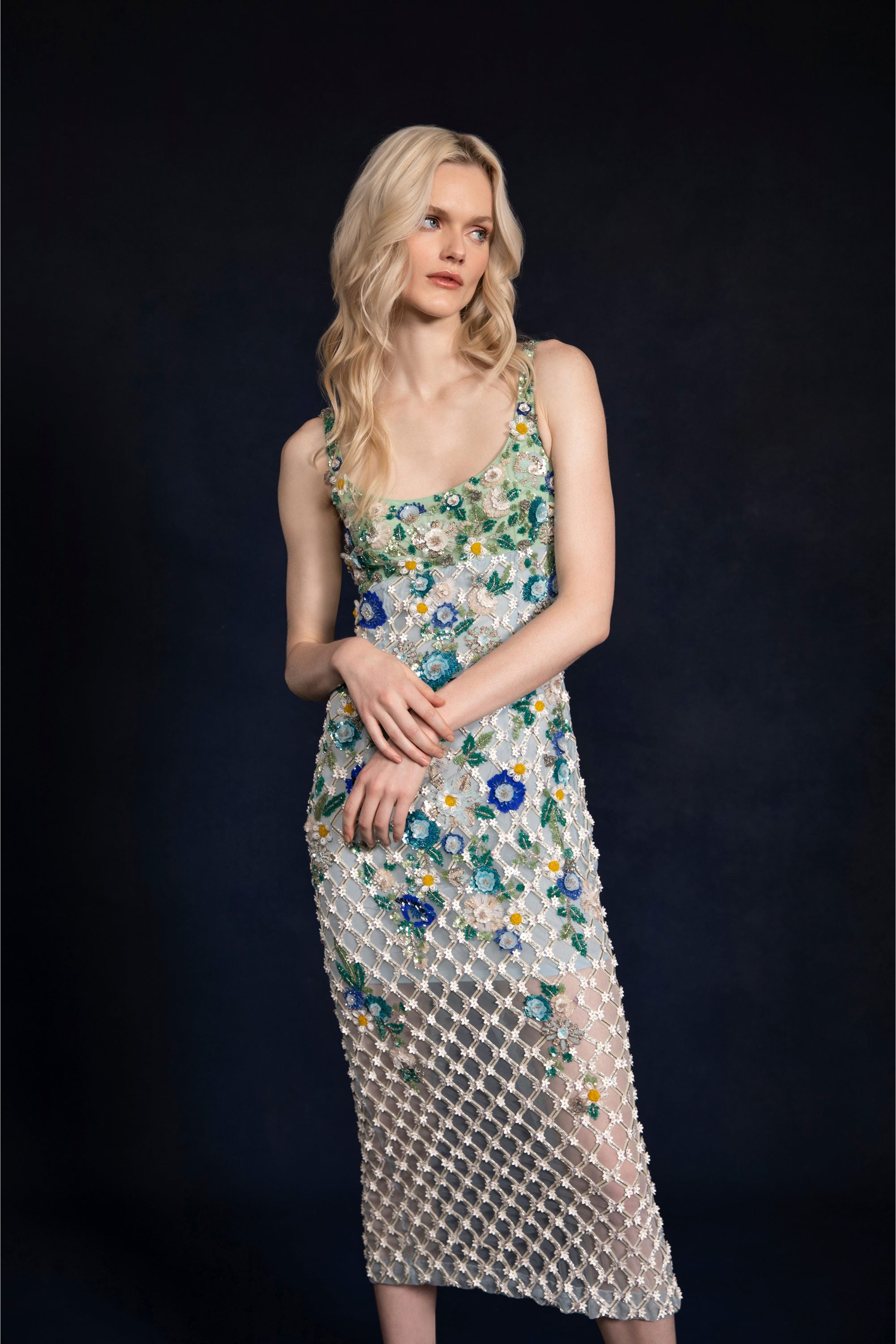Aurora Periwinkle Emb. Midi Dress