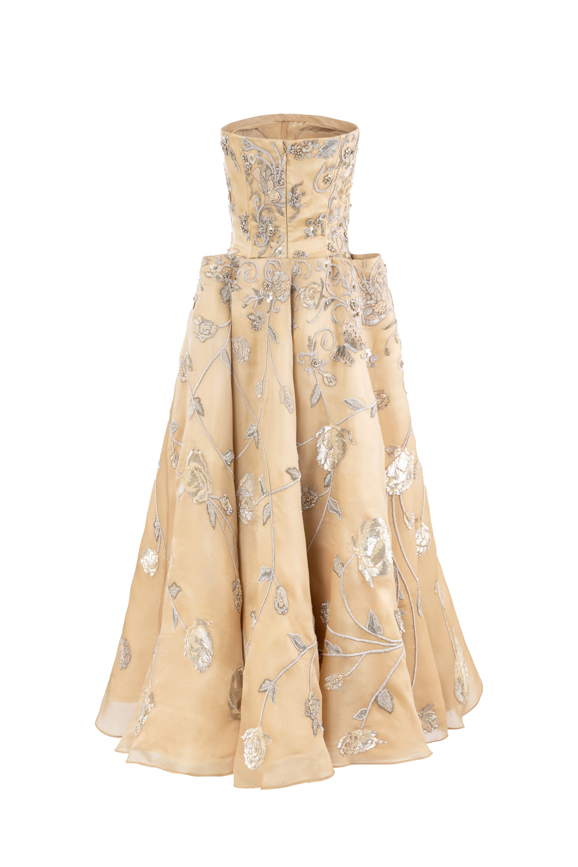 Floral embroidered strapless evening gown – red carpet couture dress for wedding guests and luxury galas