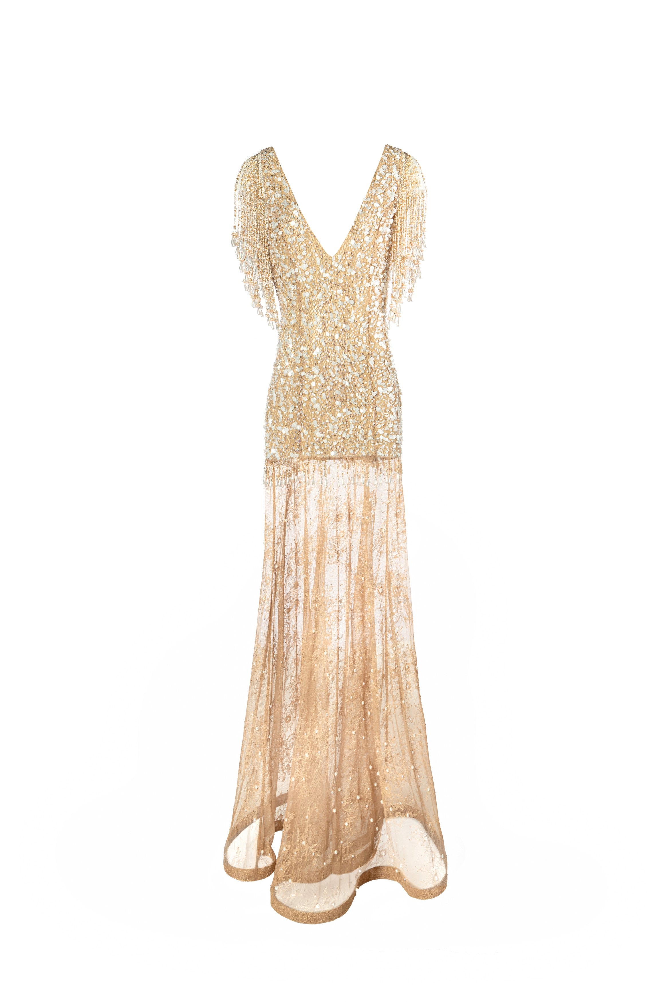 Designer red carpet wedding guest fashion – crystal fringe champagne lace gown with plunging V-neck couture detailing
