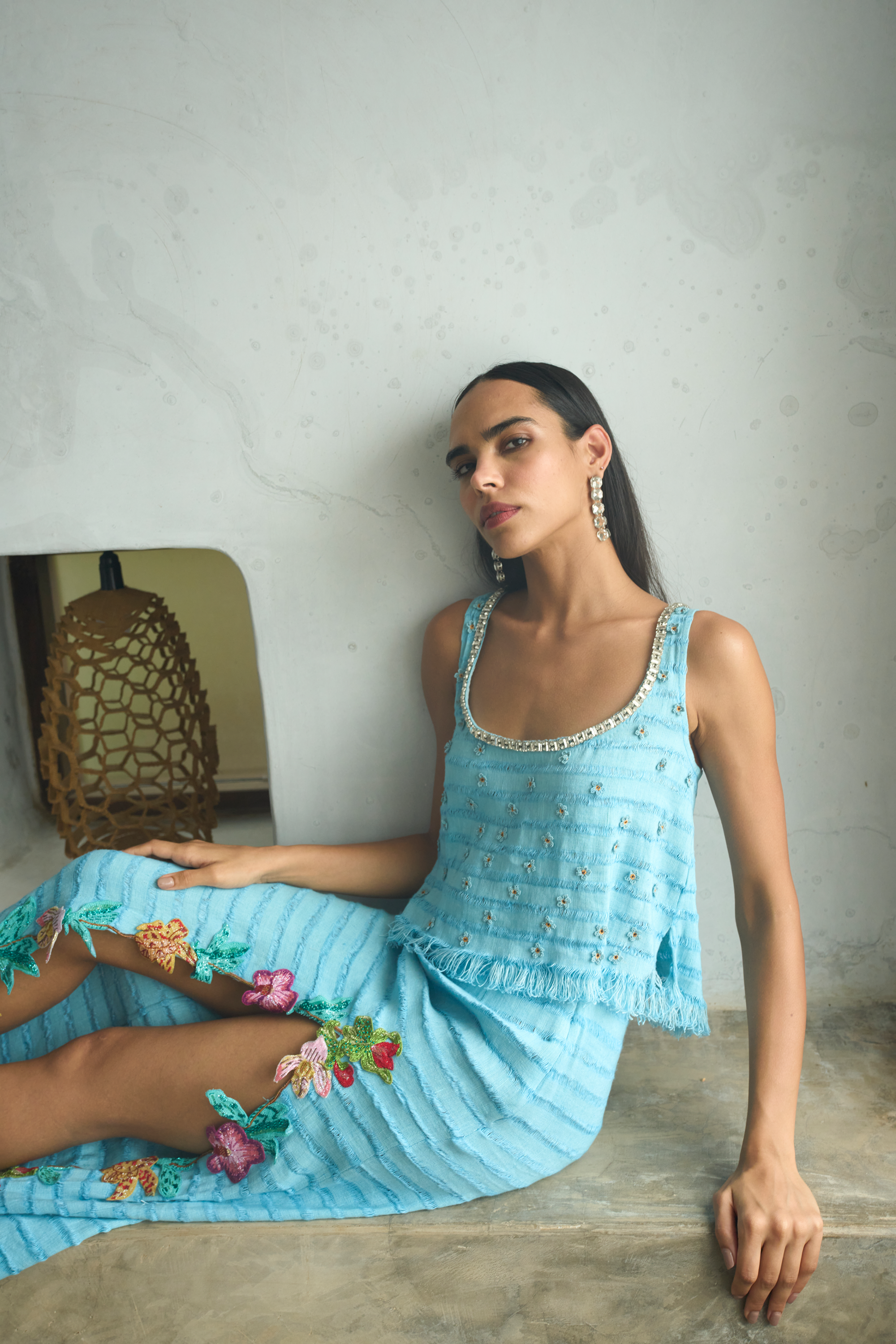 Cyan Blue Orchid Embellished Top