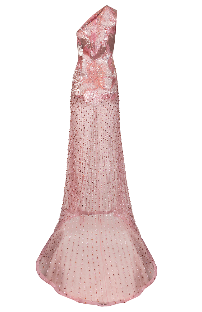 Wedding guest gown styled as a luxury evening gown with elegant beaded dress detailing