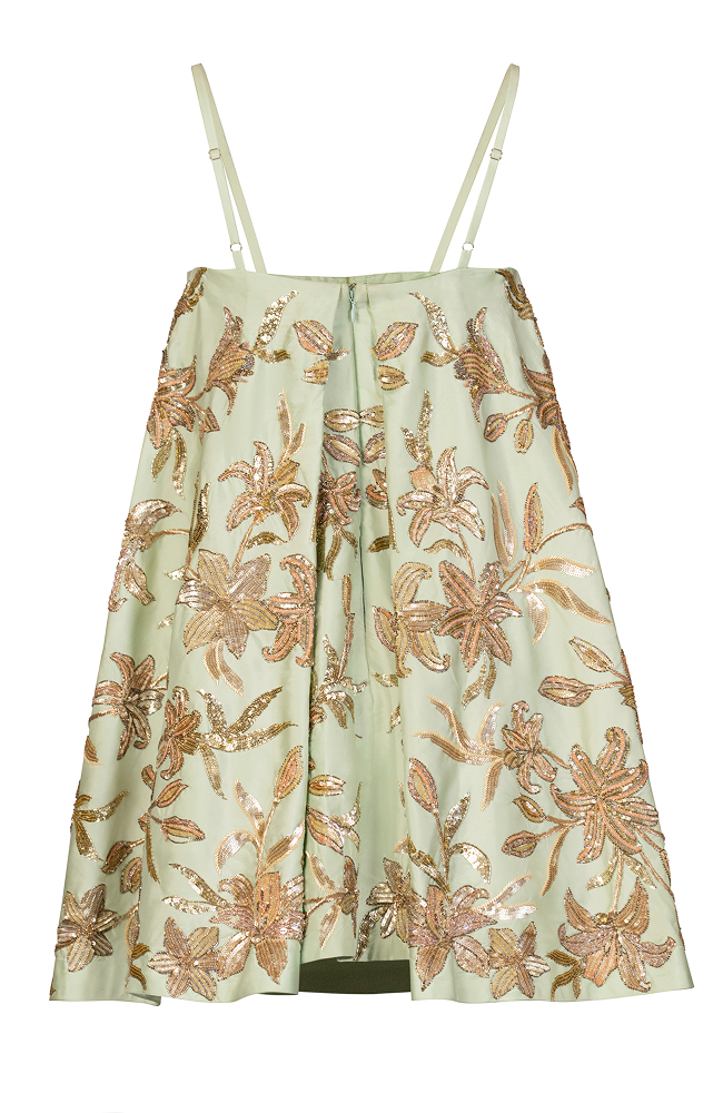 After party dress designed as an A-line beaded dress with a refined structured silhouette