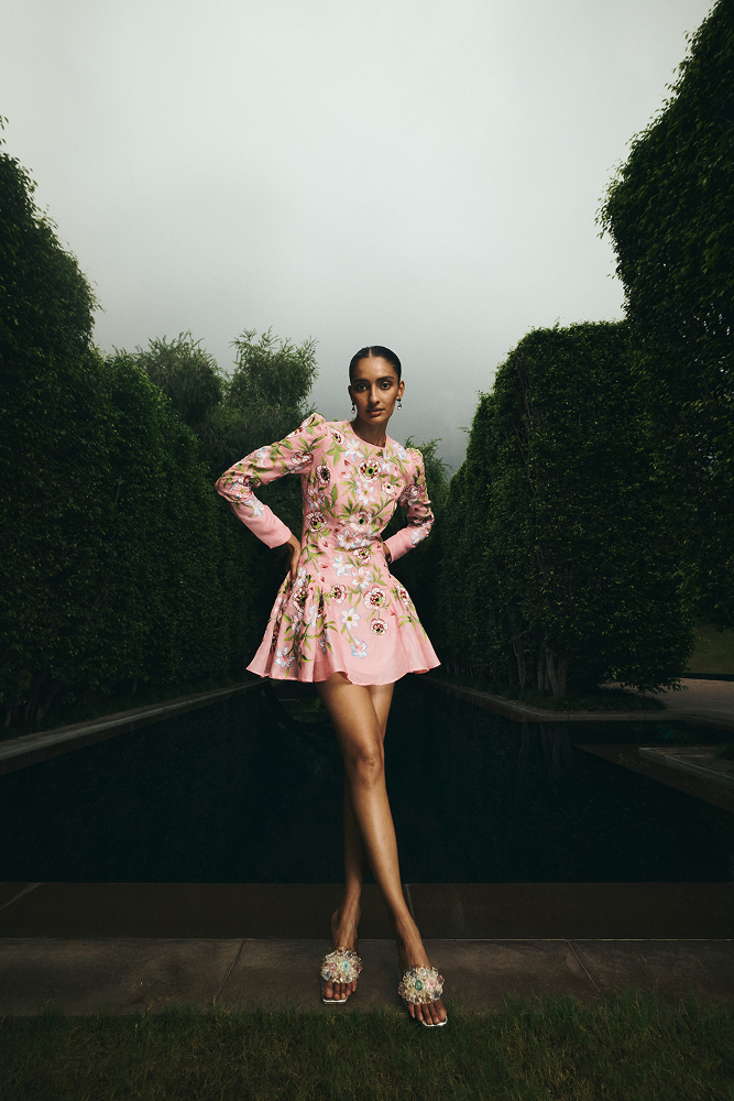 Garden Party Mini Dress designed with multicolor silk-thread embroidery
