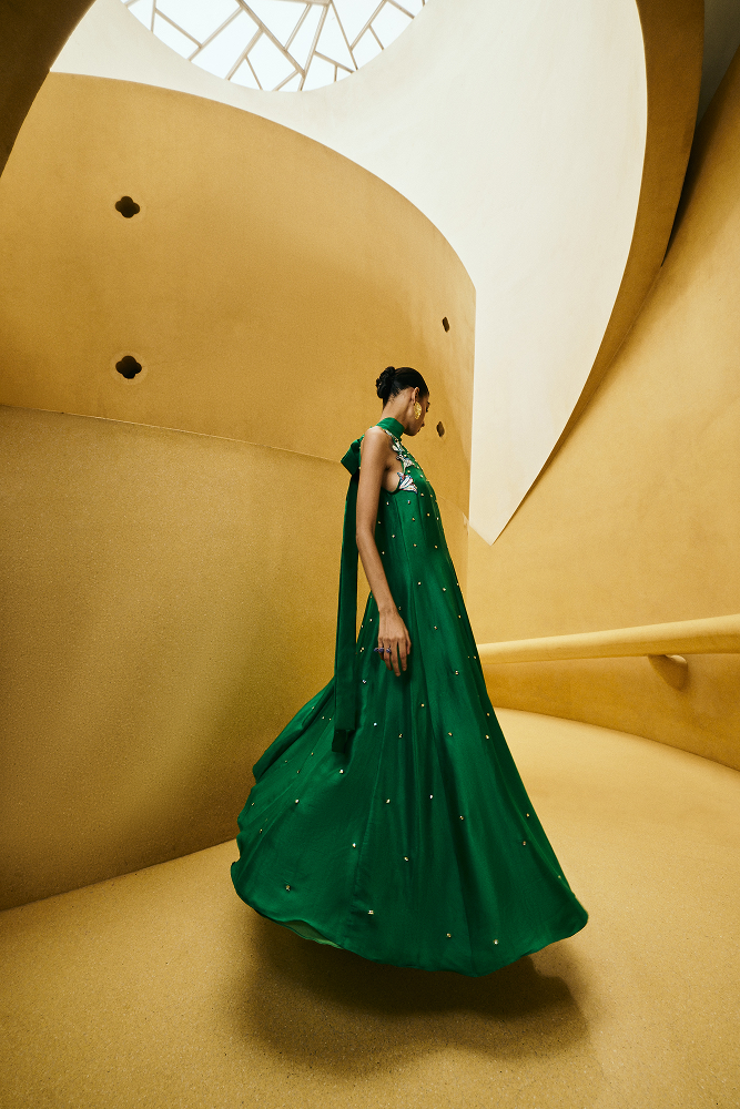 Red carpet inspired dress styled as a statement wedding guest gown
