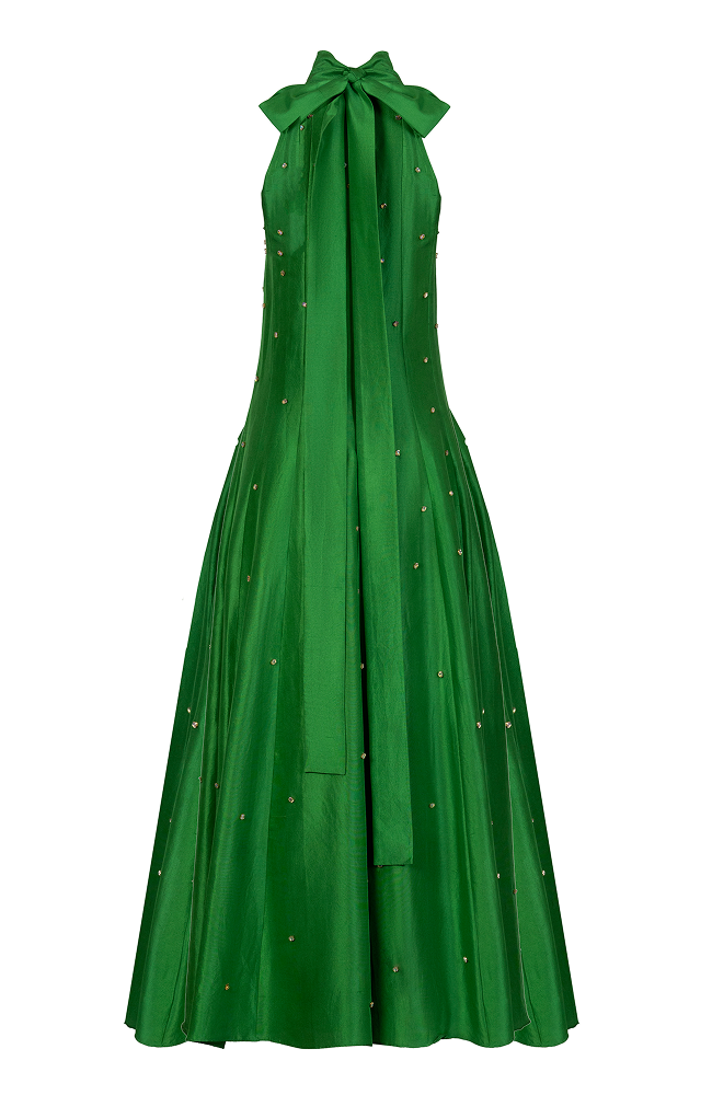 Beaded dress crafted as a luxurious emerald green evening gown
