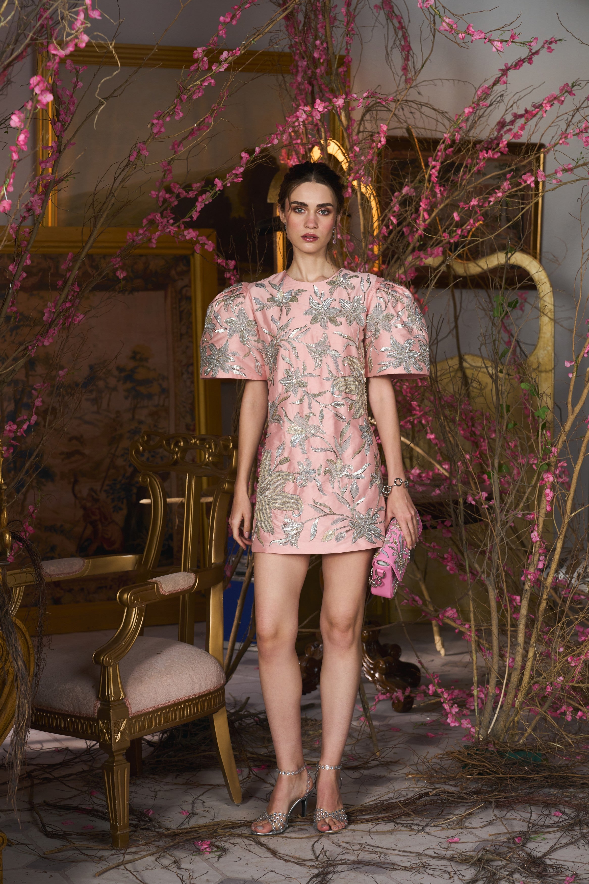 Floral couture cocktail dress – silver embroidered puff sleeve shift dress for high-end festive events