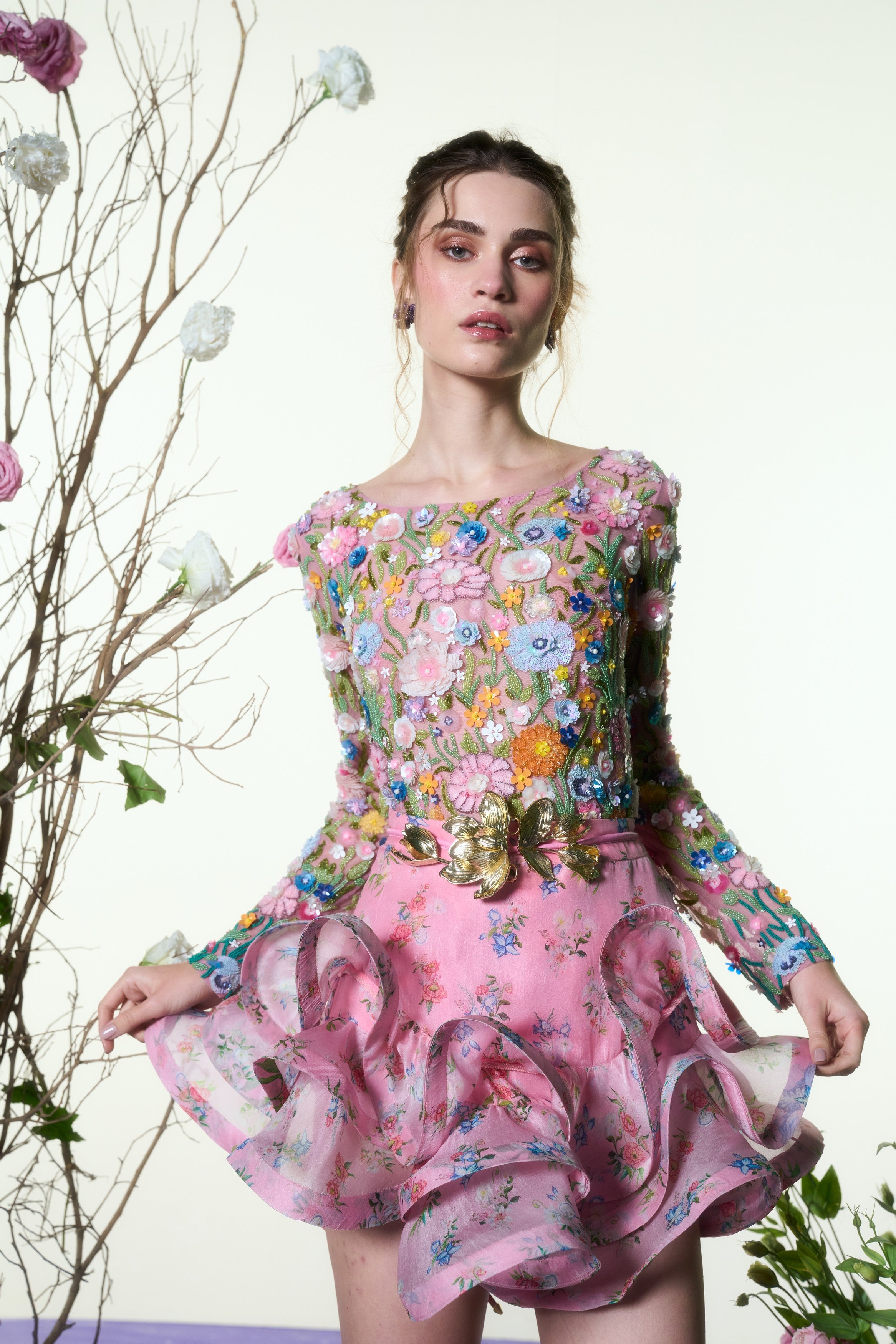 Petal Cascade Flounce Mini Skirt