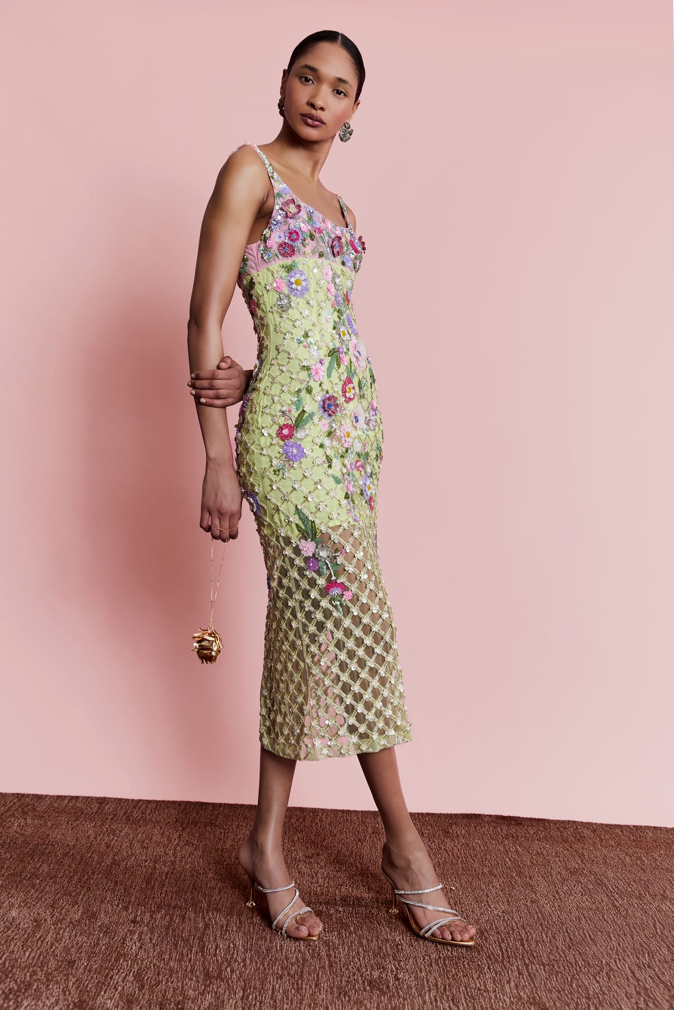Luxury floral cocktail dress with embroidered midi design, designer party wear for sophisticated celebration wear