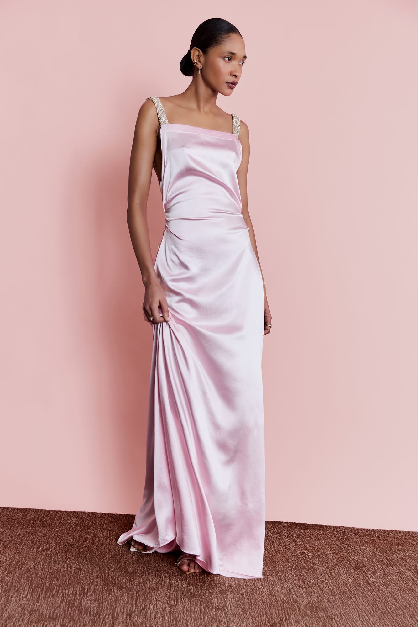 Embellished square neck midi dress in pink, high-fashion silk-touch dress for cocktail occasions