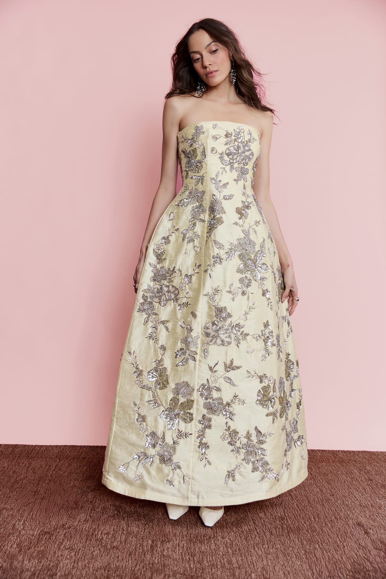 Champagne evening wear luxury gold cocktail dress, metallic floral embroidery with artisanal gold midi design