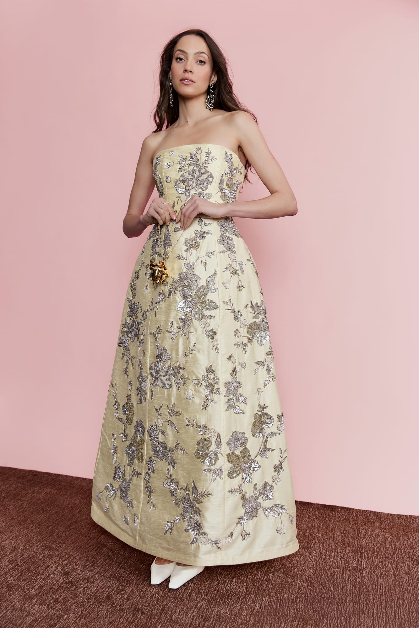 Hand-embellished gold midi dress, luxury cocktail wear with structured silhouette and red carpet ready appeal