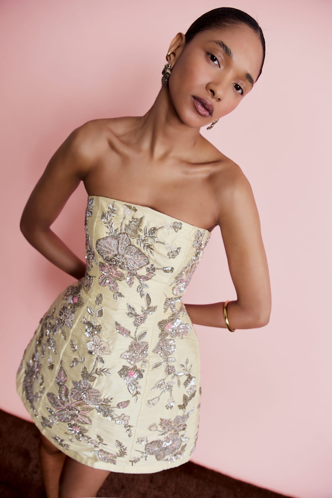 Champagne gold cocktail dress with strapless mini silhouette, designer party wear for high-profile celebration wear