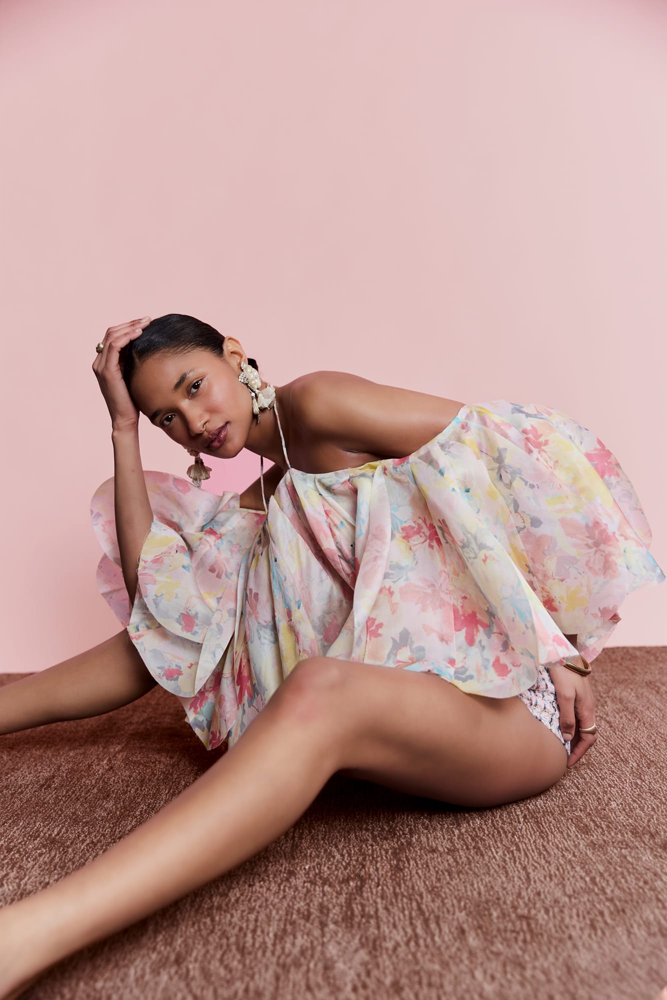 Designer floral halter blouse, luxury tiered top with artisanal ruffled fashion and ethereal floral style