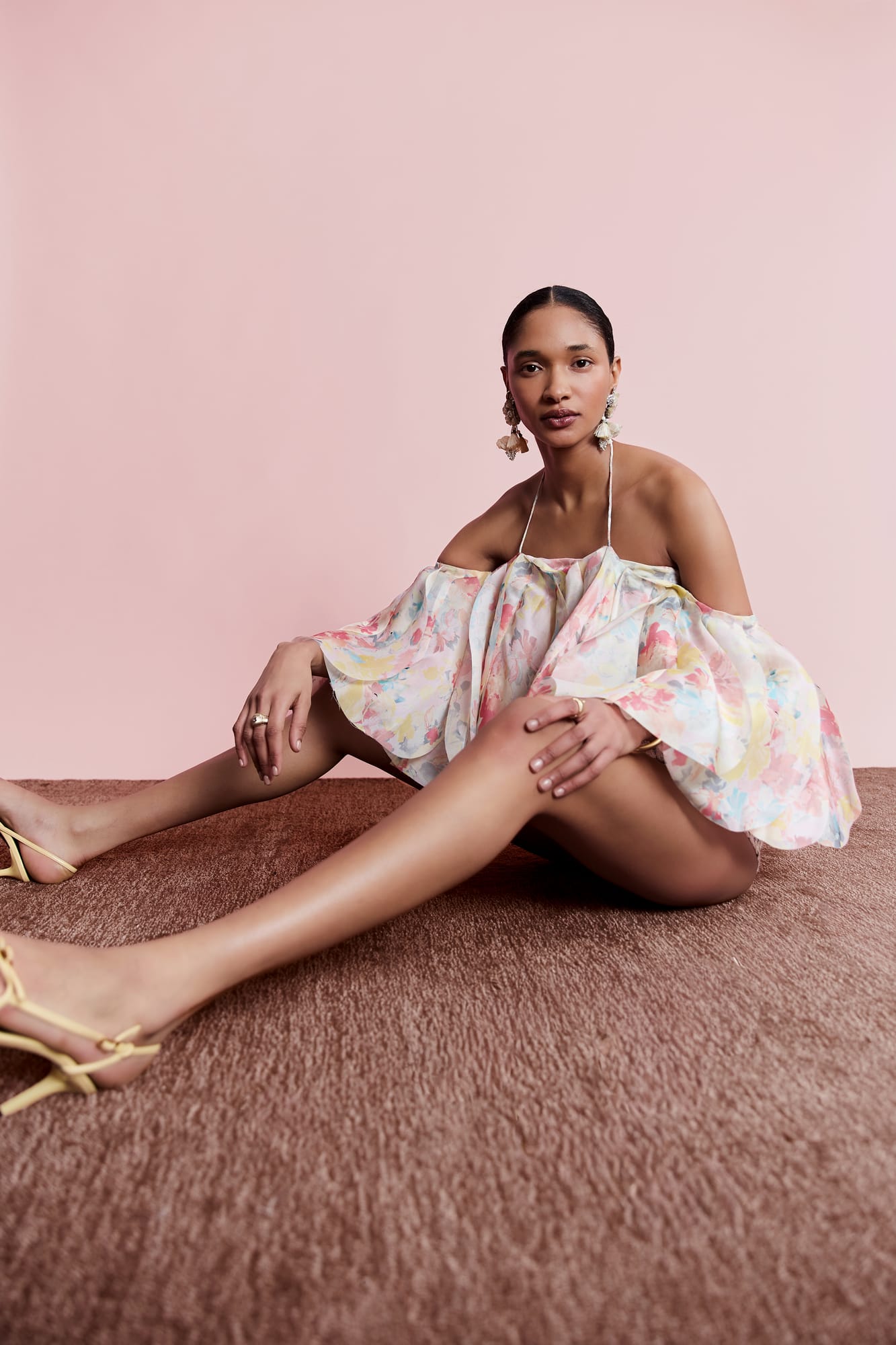 Pastel ruffle top with voluminous silhouette, couture floral printed blouse for romantic summer luxury wear