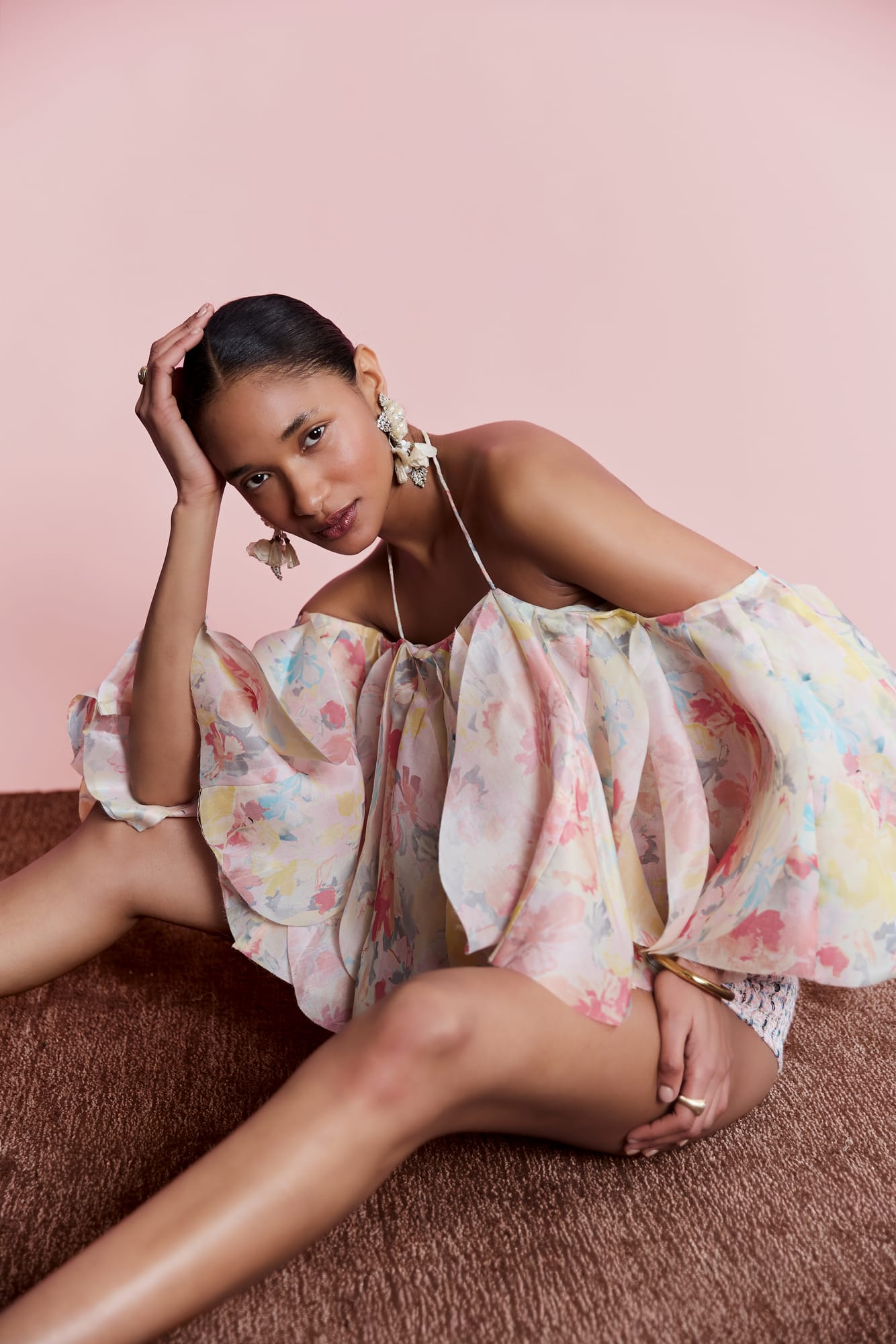 Luxury tiered top with floral print, designer floral halter blouse for high-fashion garden party wear