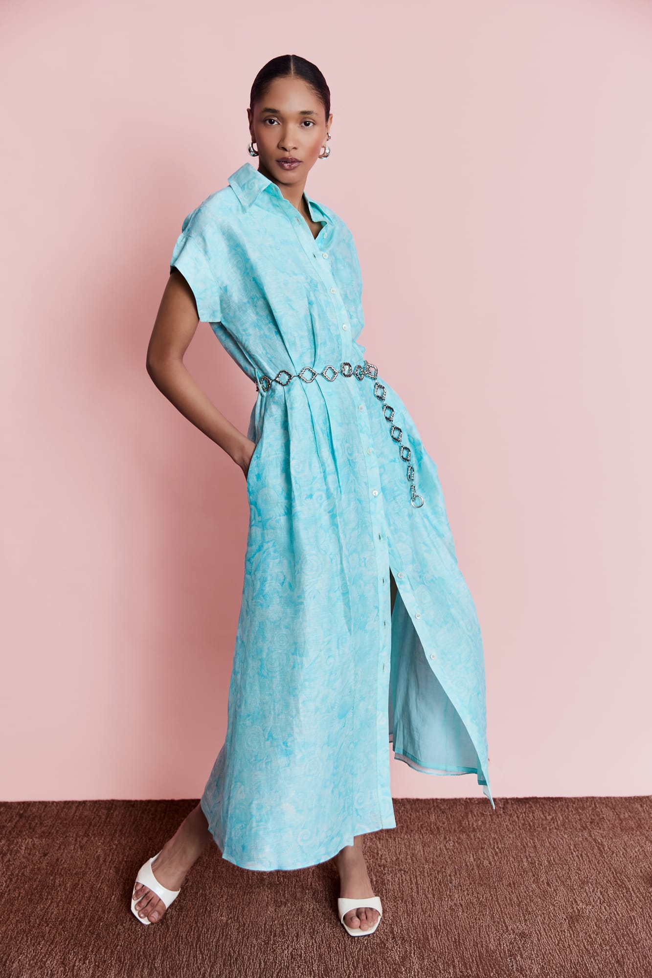 Luxury aqua shirt dress with designer resort wear aesthetic, perfect for luxury vacation style