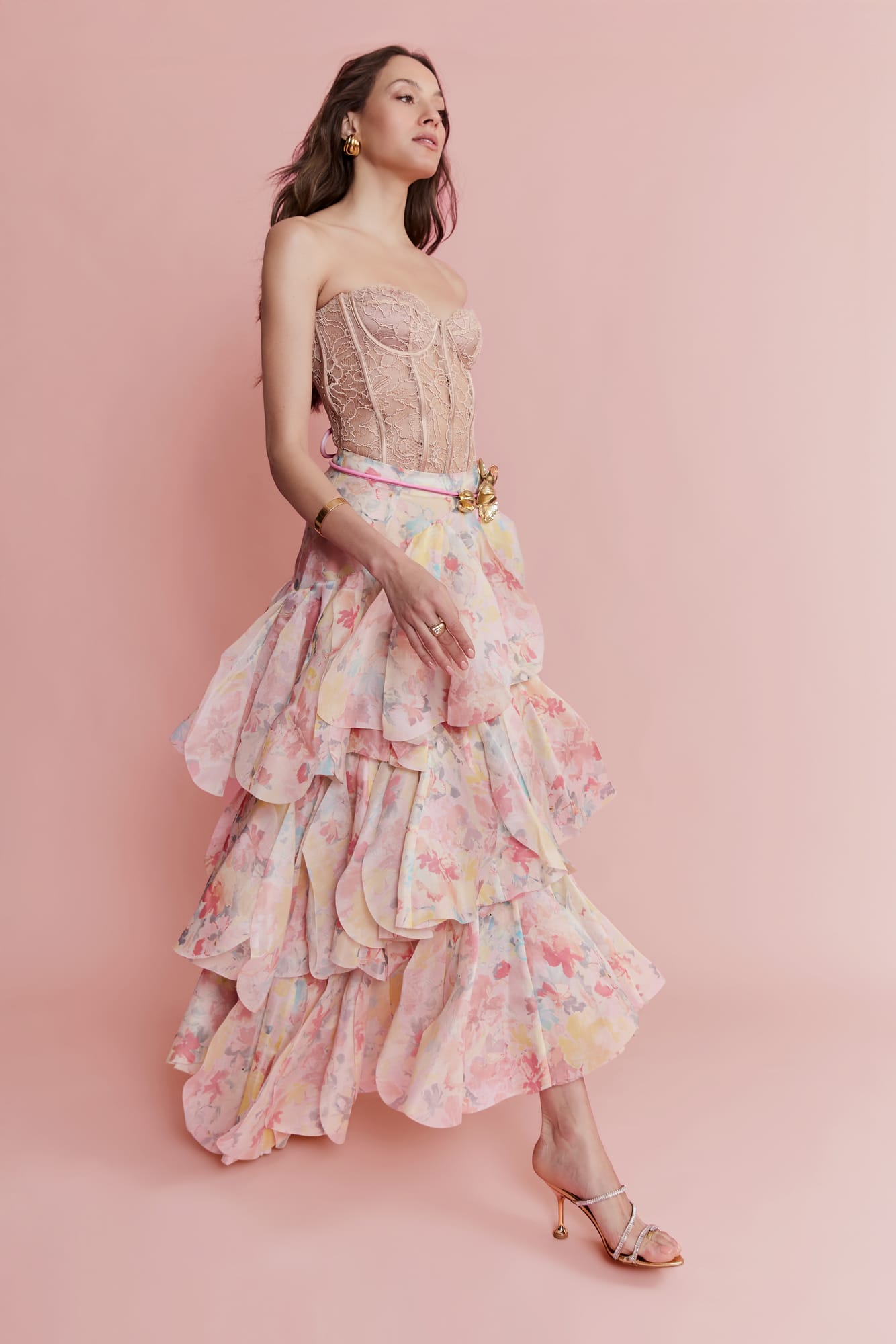 Ethereal floral maxi skirt, artisanal tiered fashion with voluminous ruffles for garden party style