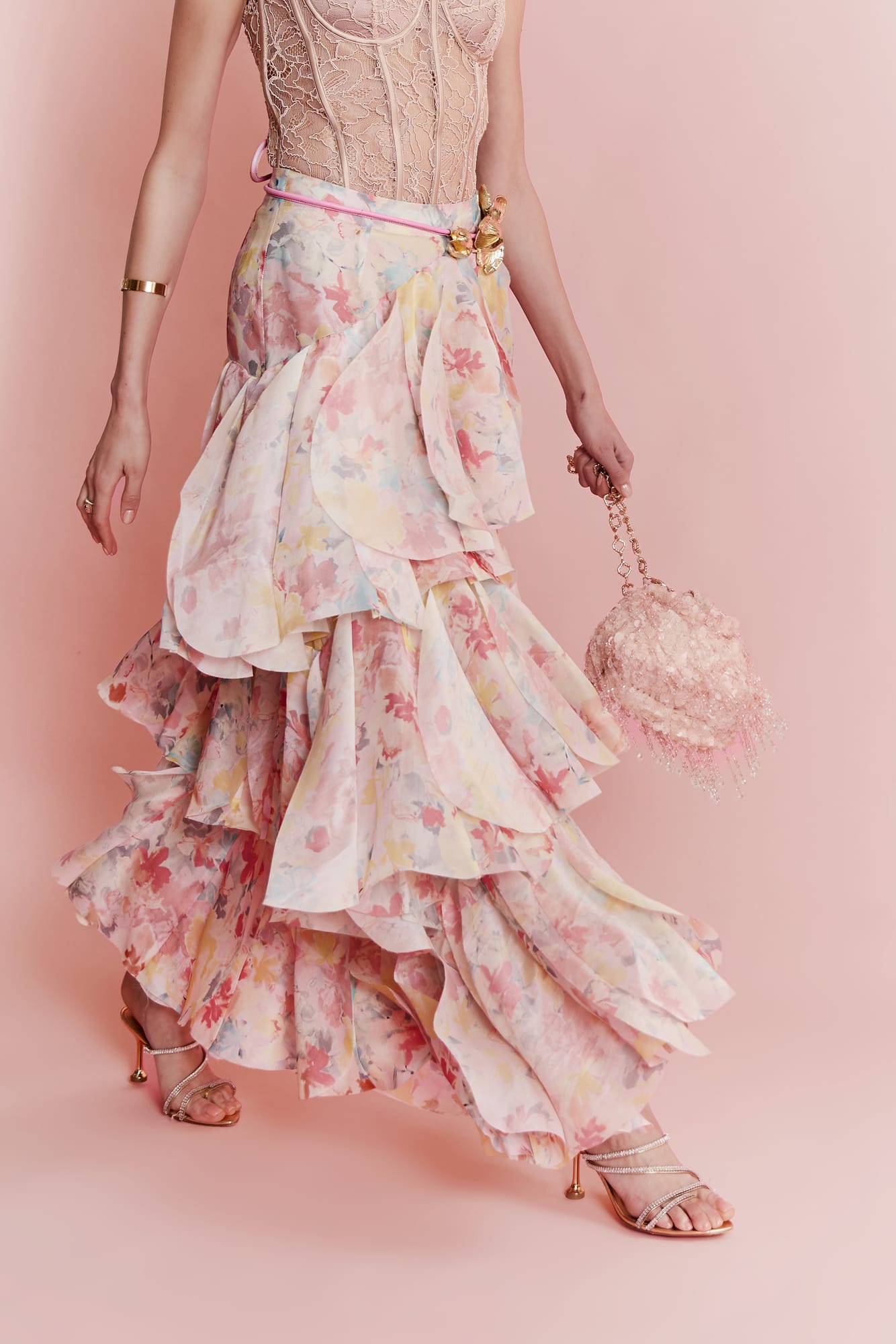 Designer floral ruffle skirt, luxury tiered maxi skirt for romantic summer luxury wear